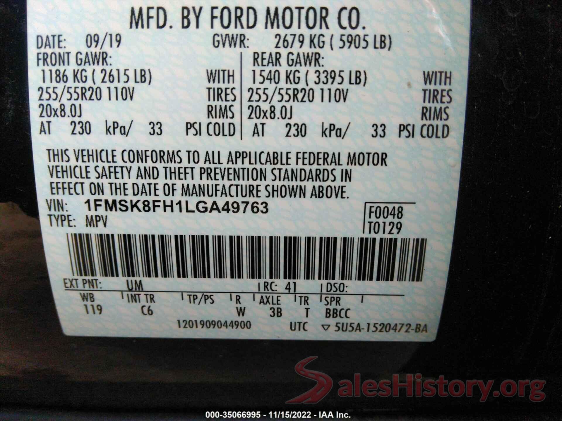 1FMSK8FH1LGA49763 2020 FORD EXPLORER