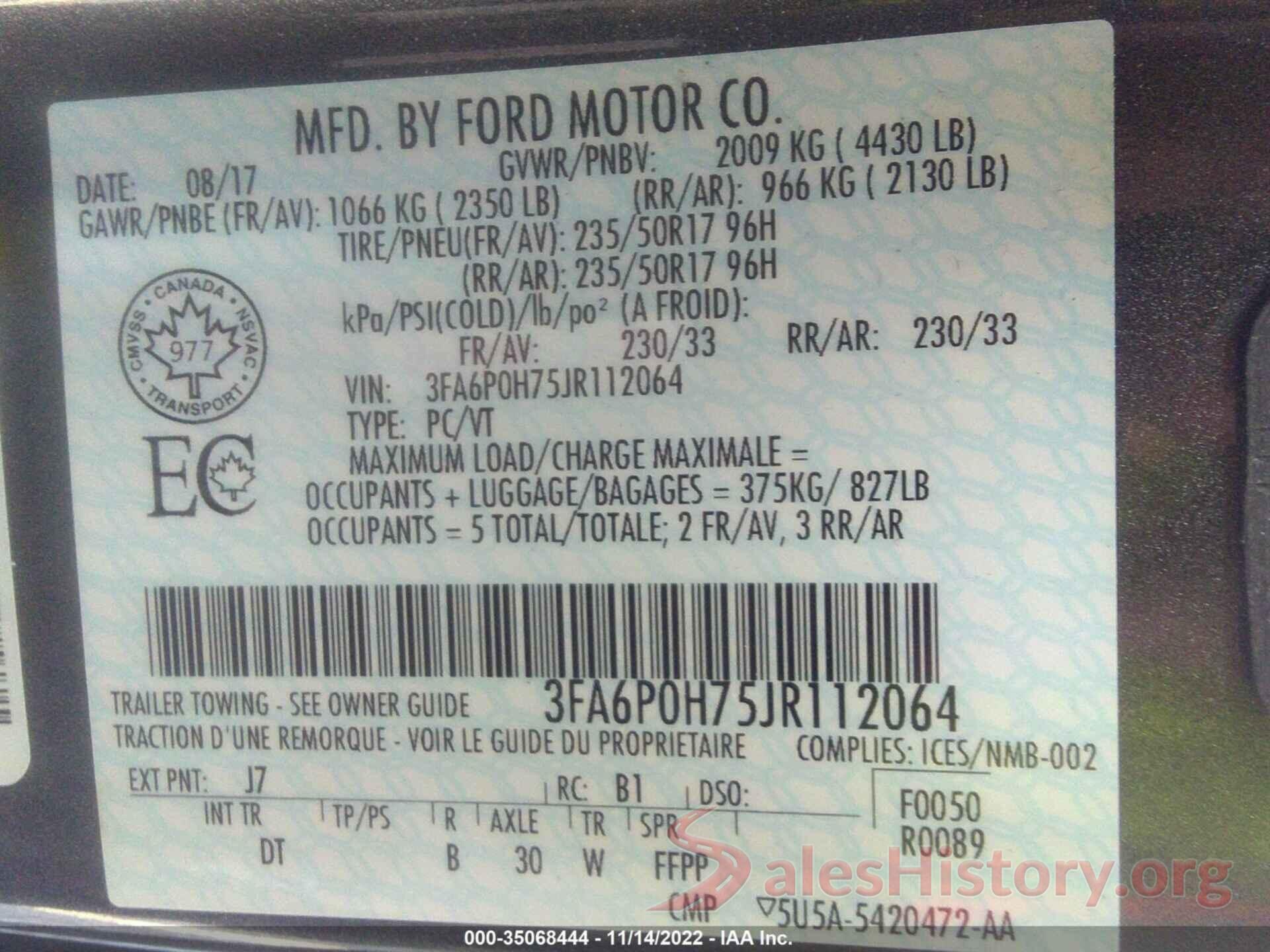 3FA6P0H75JR112064 2018 FORD FUSION