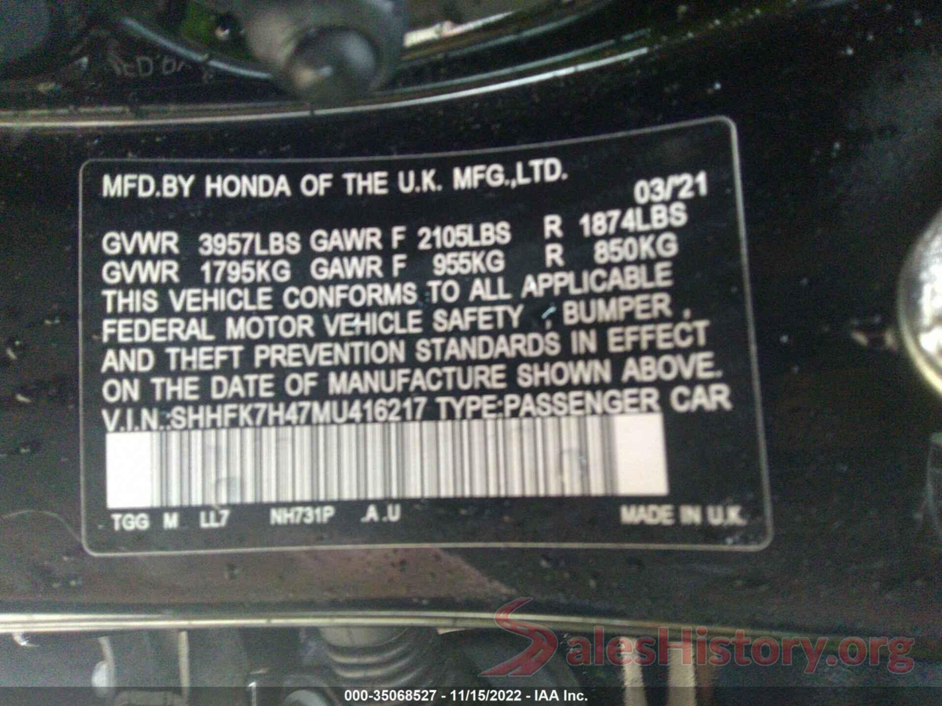 SHHFK7H47MU416217 2021 HONDA CIVIC HATCHBACK