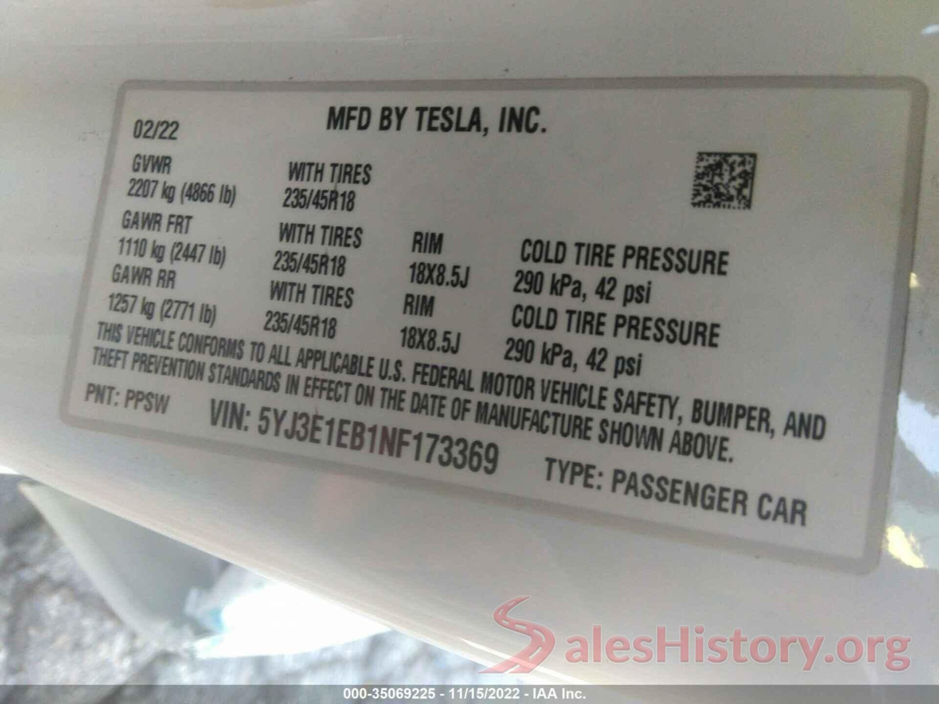 5YJ3E1EB1NF173369 2022 TESLA MODEL 3