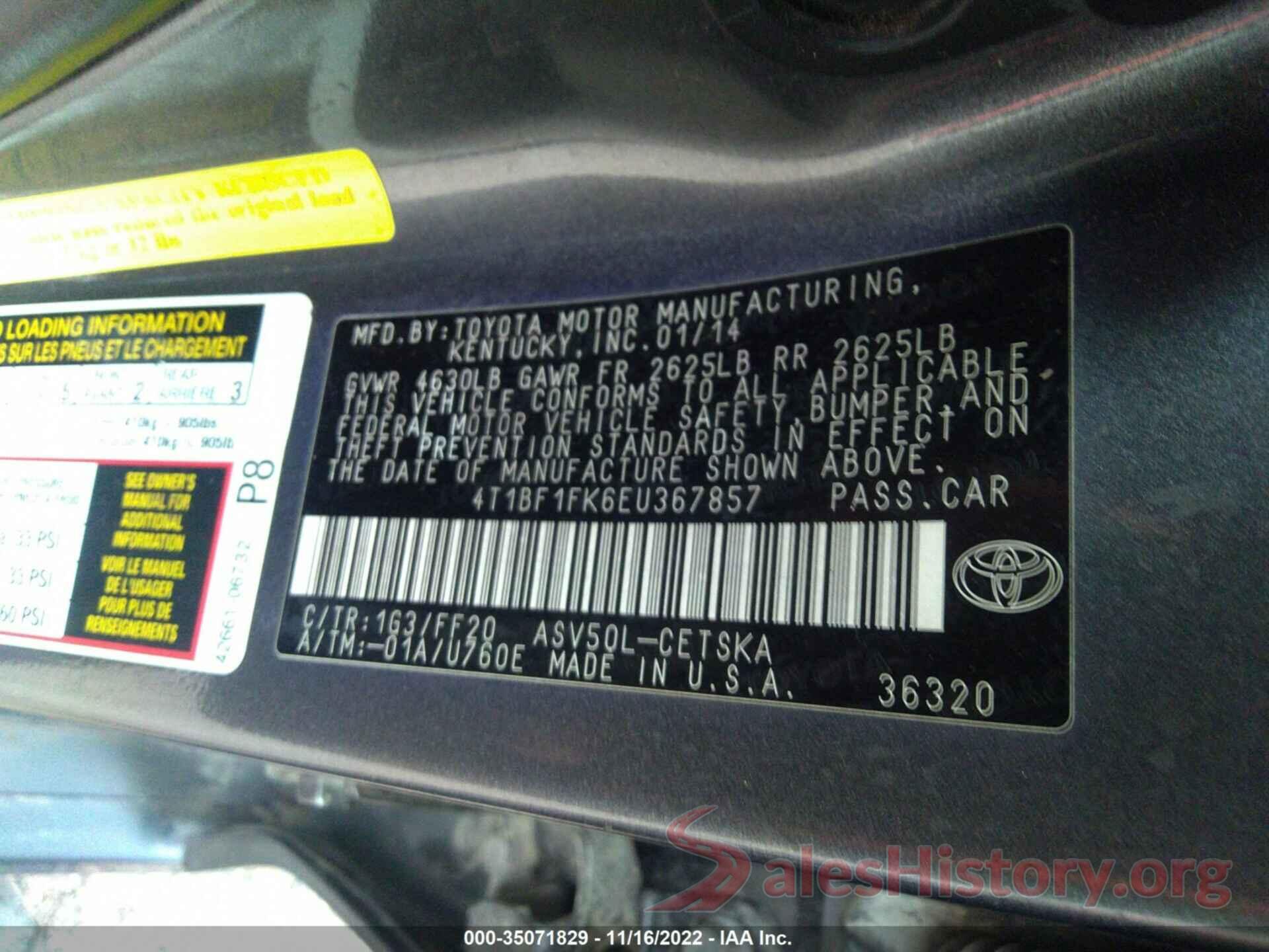 4T1BF1FK6EU367857 2014 TOYOTA CAMRY