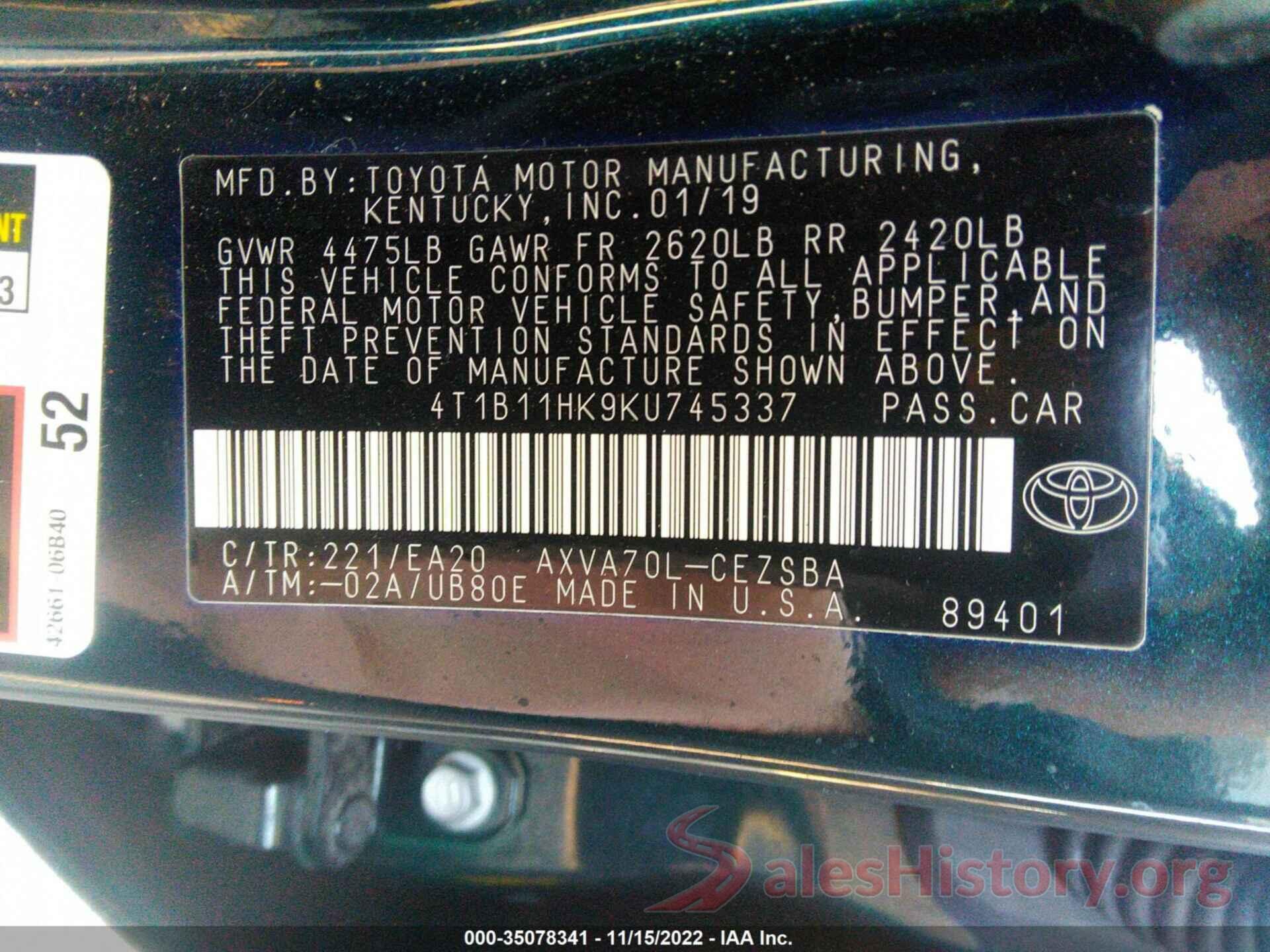 4T1B11HK9KU745337 2019 TOYOTA CAMRY