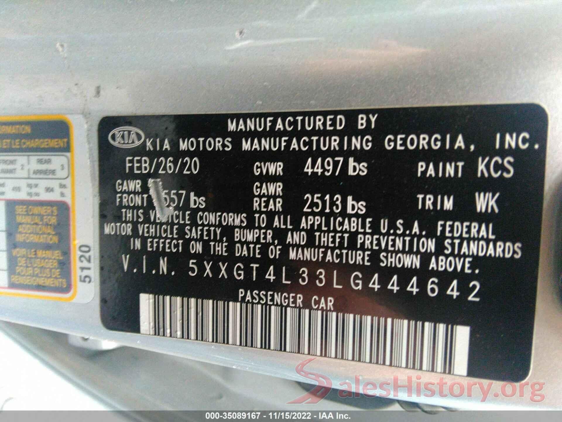 5XXGT4L33LG444642 2020 KIA OPTIMA