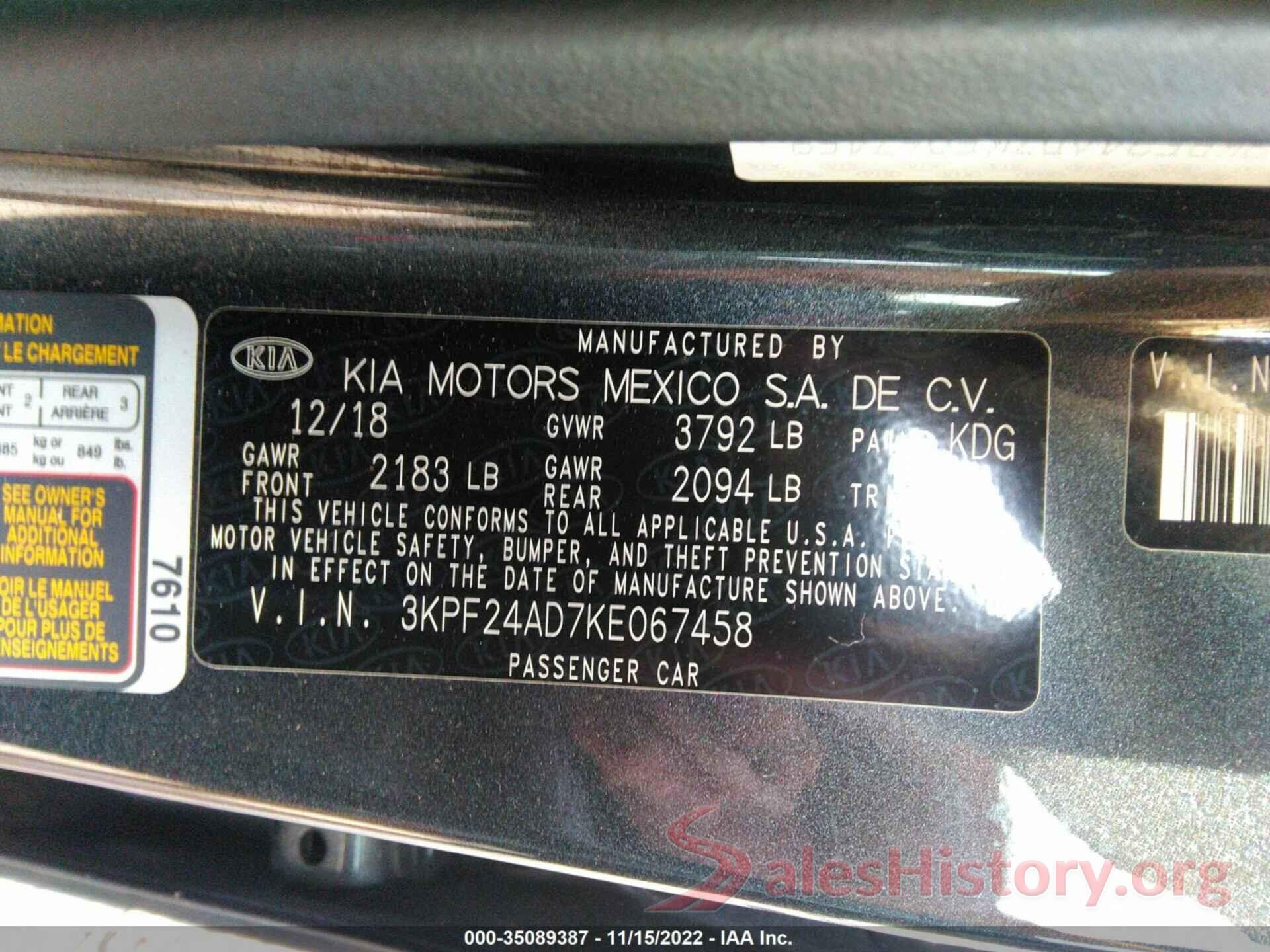 3KPF24AD7KE067458 2019 KIA FORTE