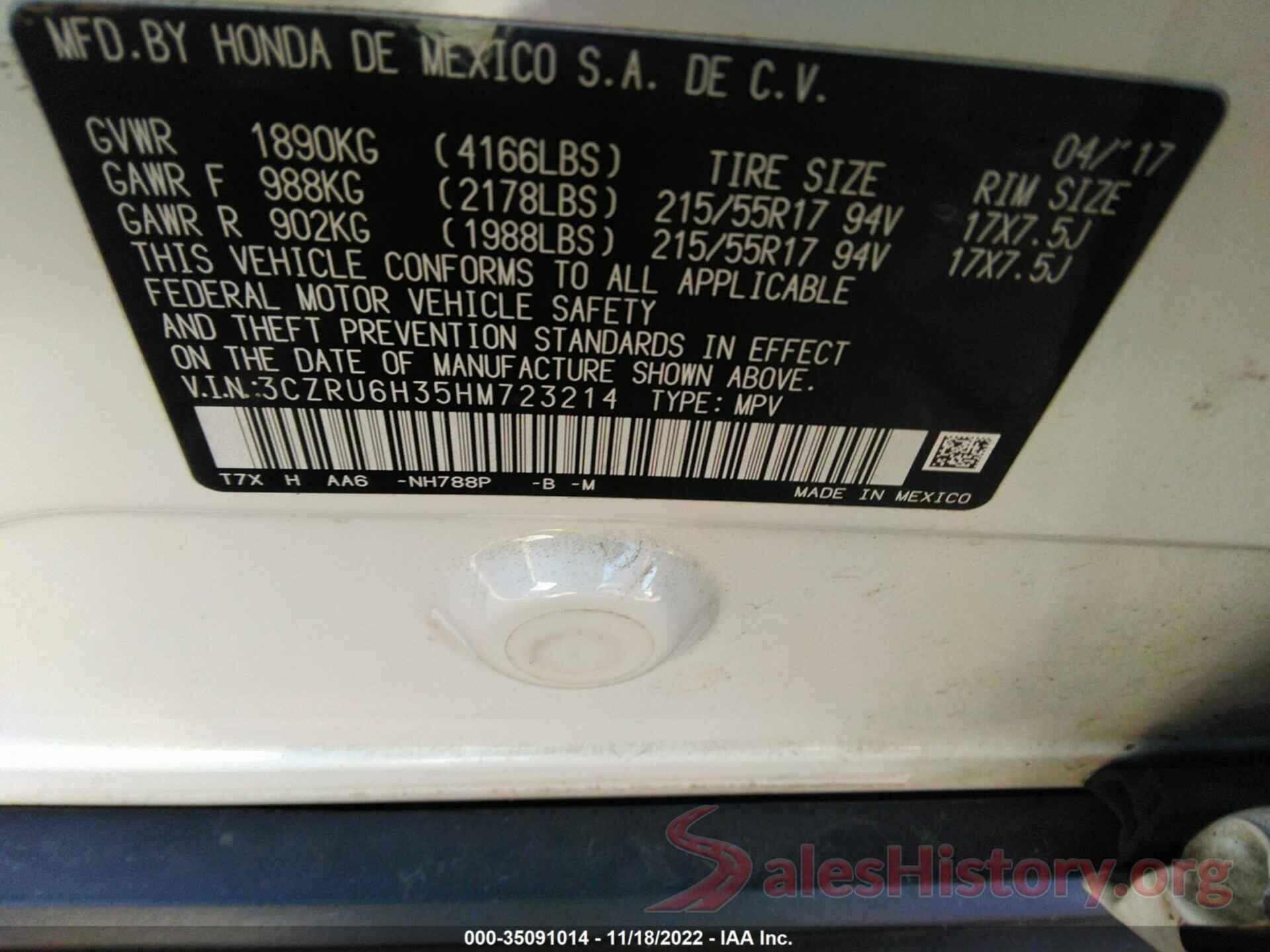 3CZRU6H35HM723214 2017 HONDA HR-V