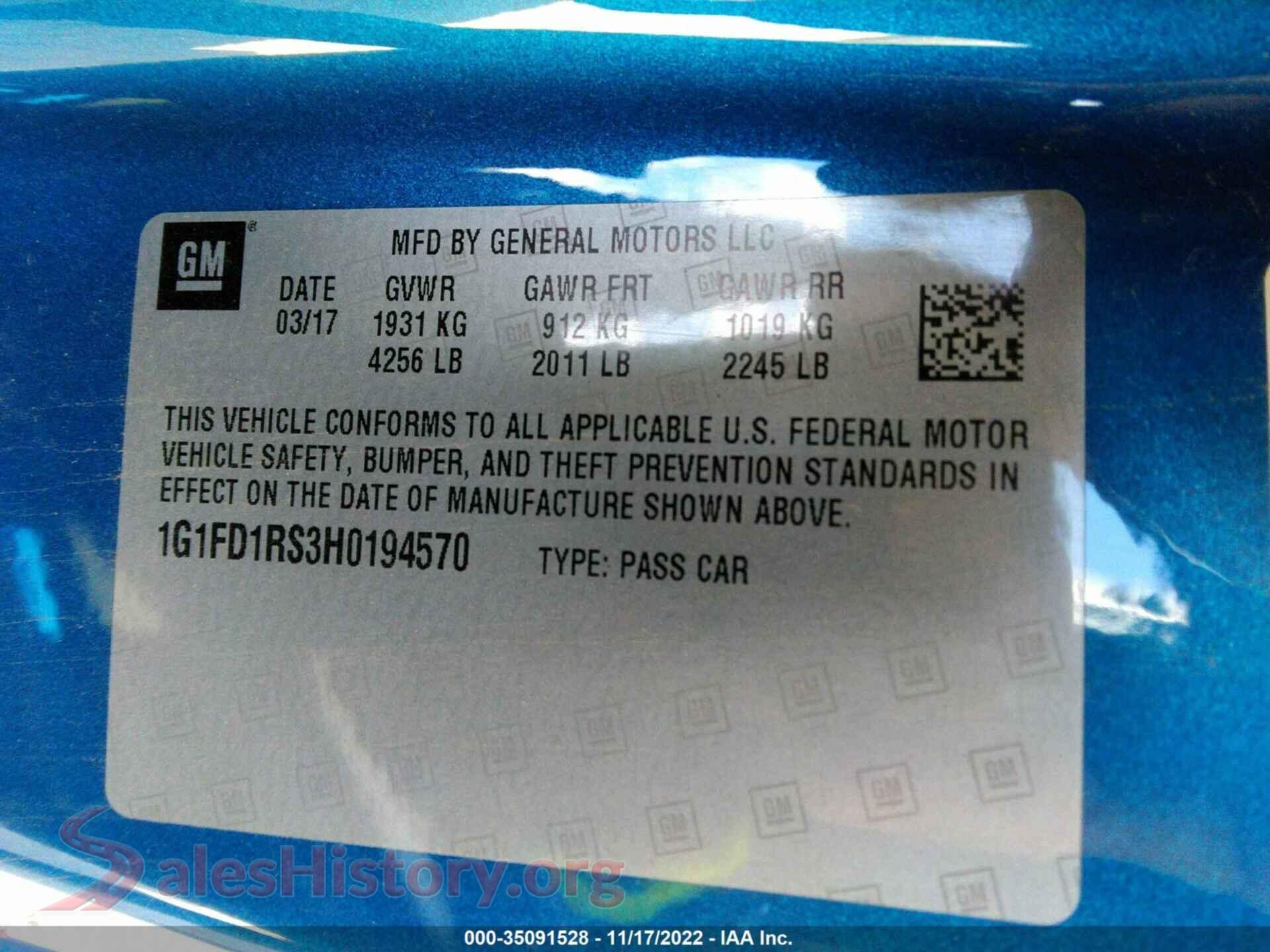 2017 CHEVROLET CAMARO VIN 1G1FD1RS3H0194570, engine bay