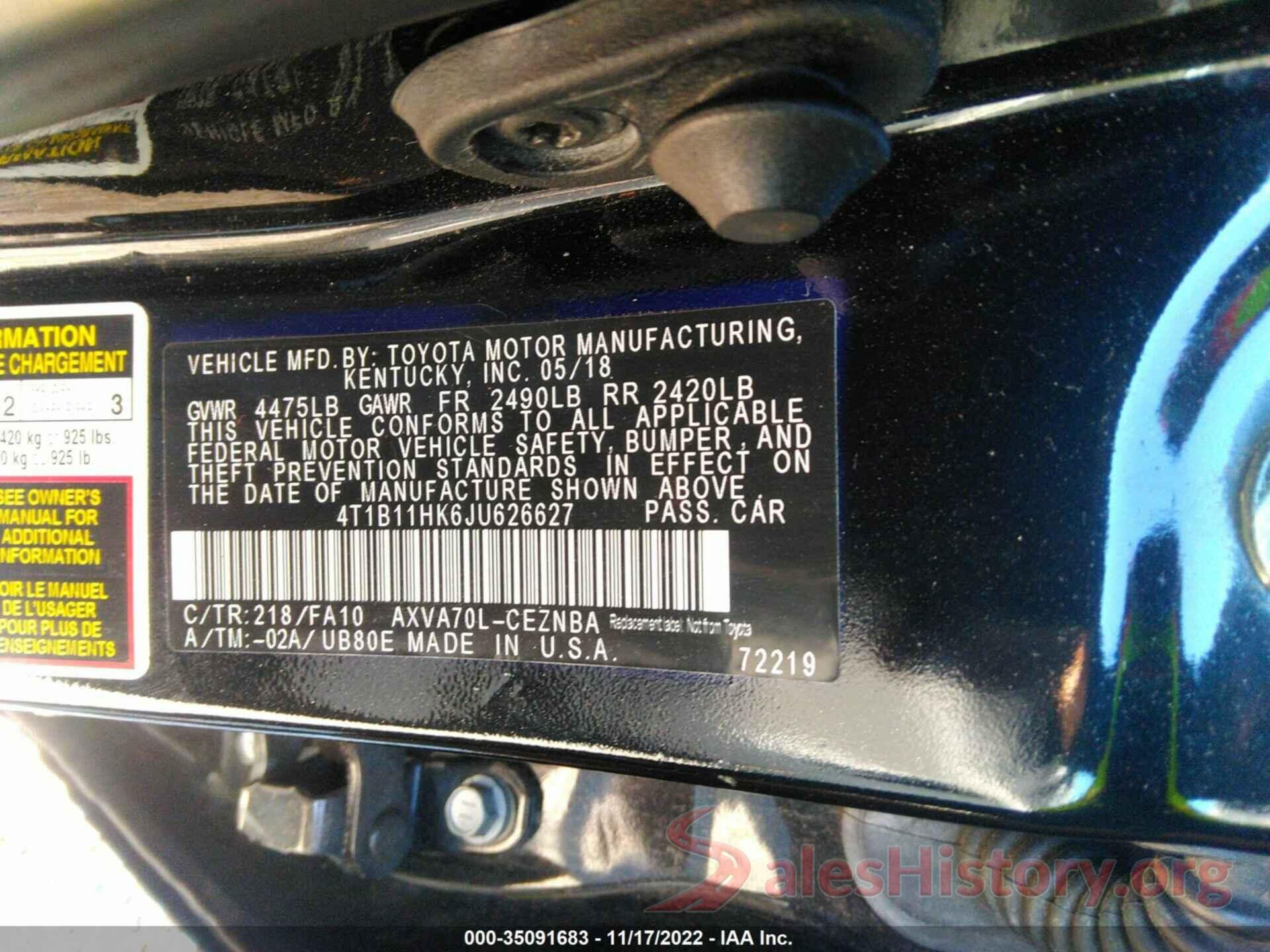 4T1B11HK6JU626627 2018 TOYOTA CAMRY