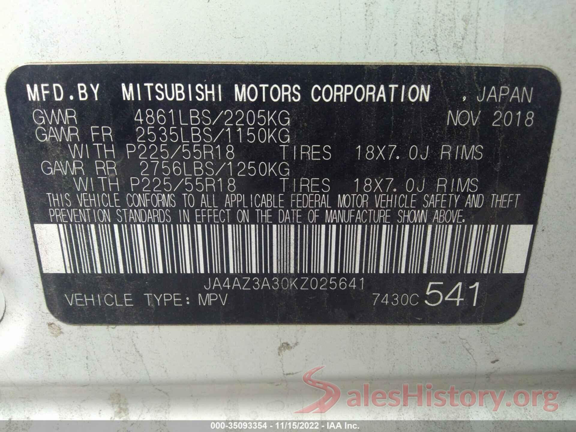 JA4AZ3A30KZ025641 2019 MITSUBISHI OUTLANDER