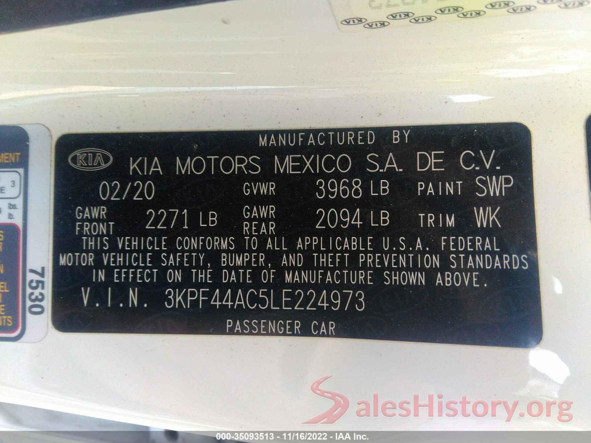 3KPF44AC5LE224973 2020 KIA FORTE