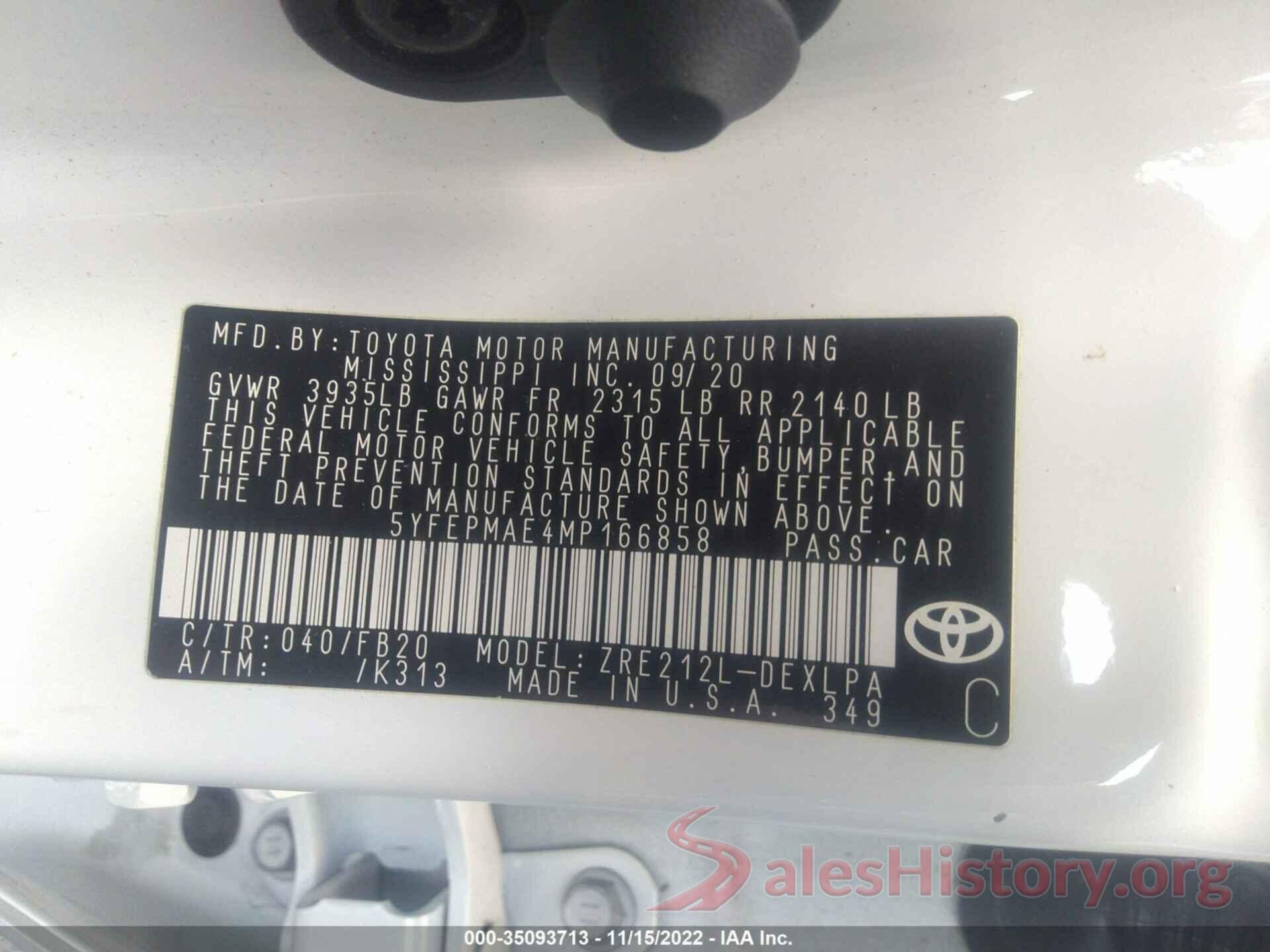 5YFEPMAE4MP166858 2021 TOYOTA COROLLA