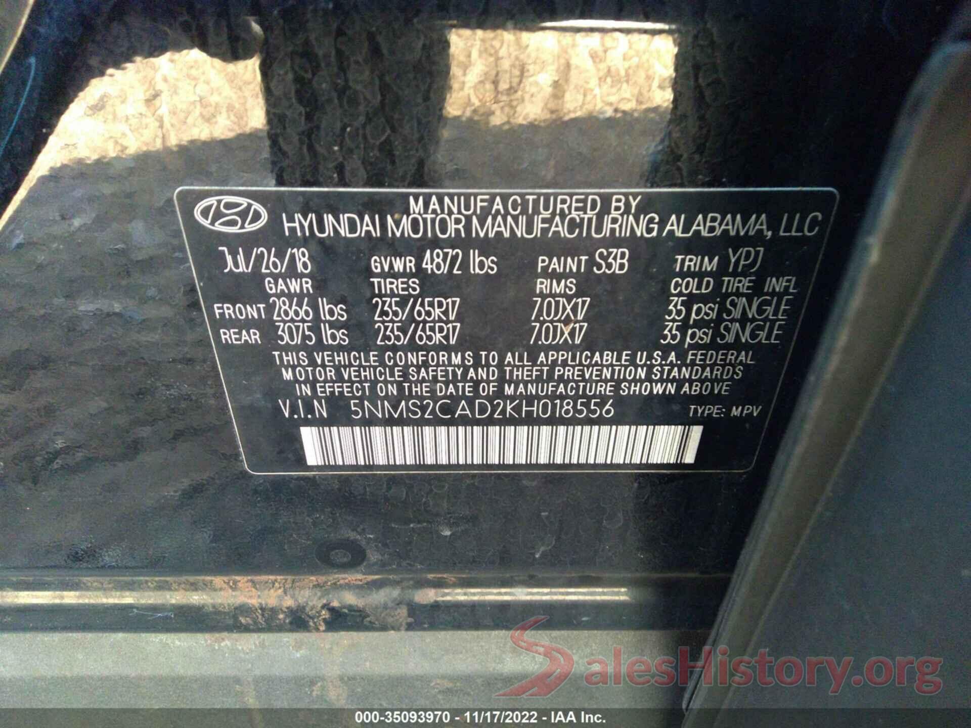 5NMS2CAD2KH018556 2019 HYUNDAI SANTA FE