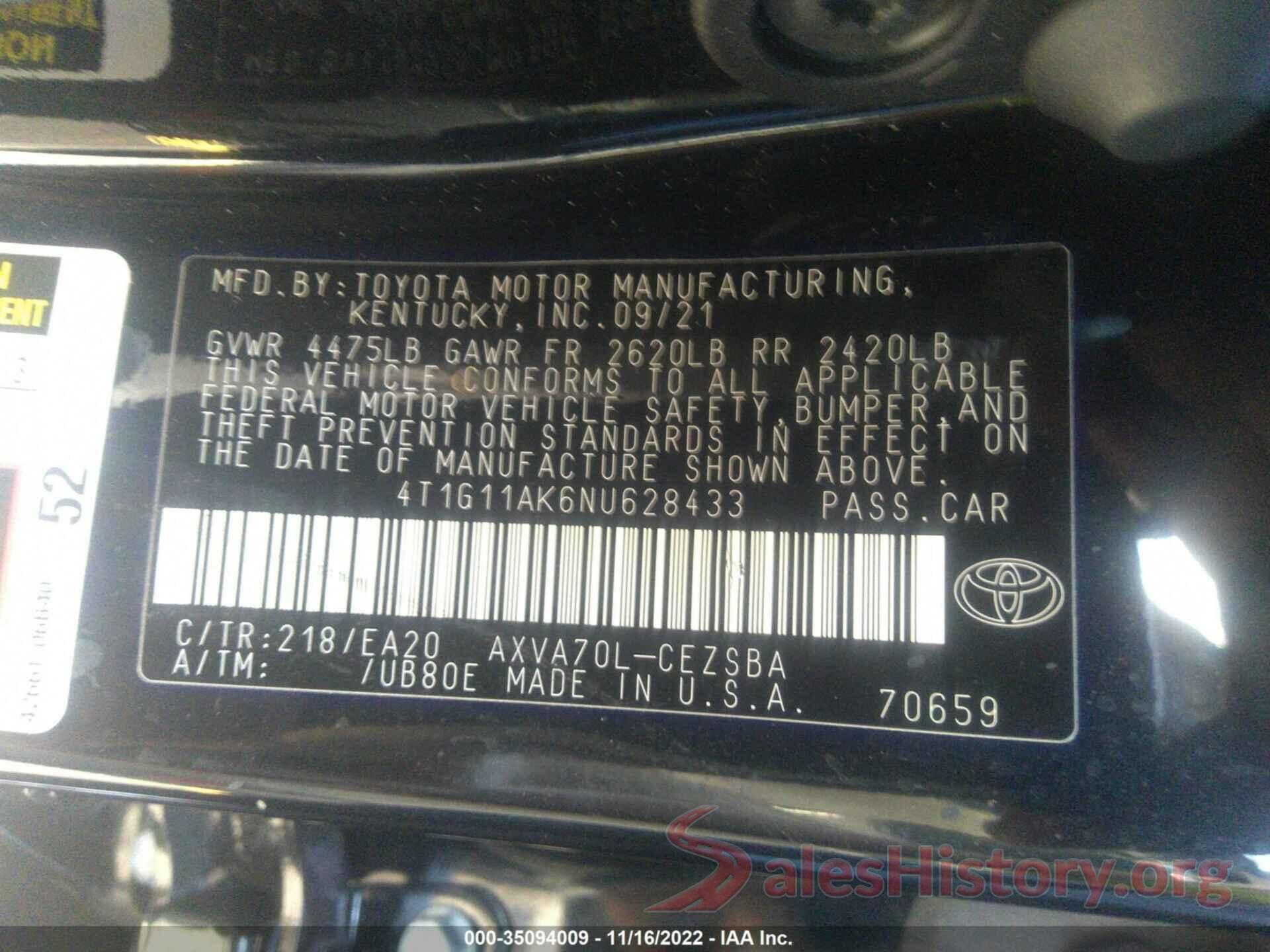 4T1G11AK6NU628433 2022 TOYOTA CAMRY