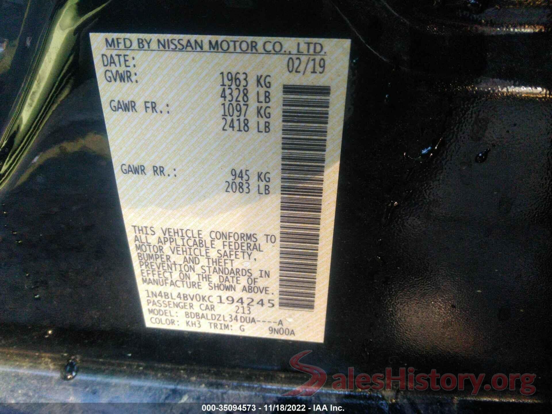 1N4BL4BV0KC194245 2019 NISSAN ALTIMA