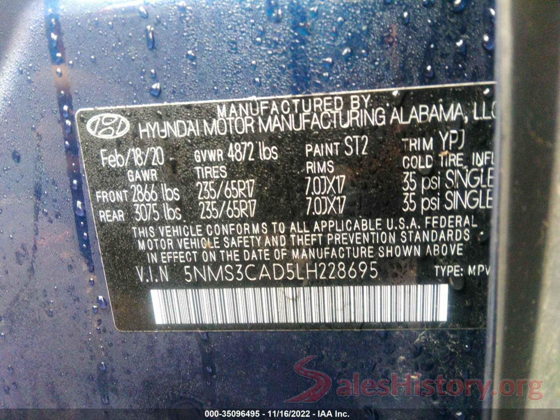 5NMS3CAD5LH228695 2020 HYUNDAI SANTA FE