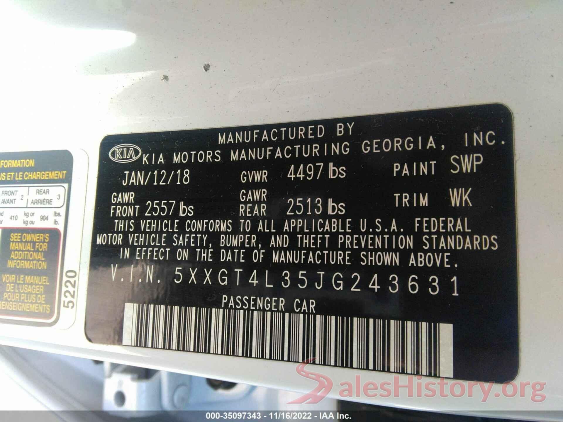 5XXGT4L35JG243631 2018 KIA OPTIMA