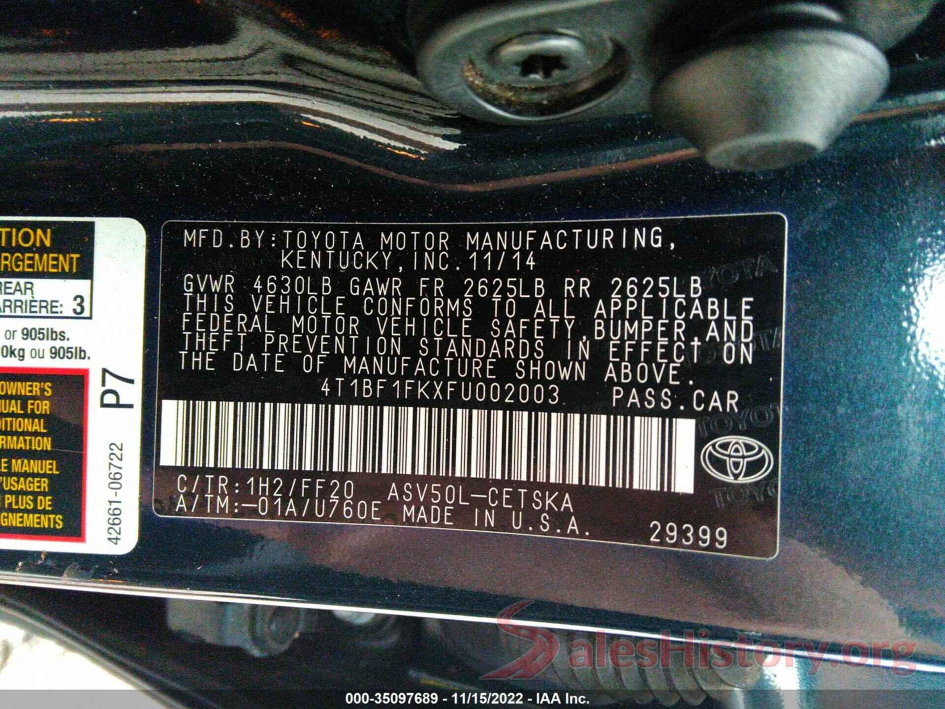 4T1BF1FKXFU002003 2015 TOYOTA CAMRY