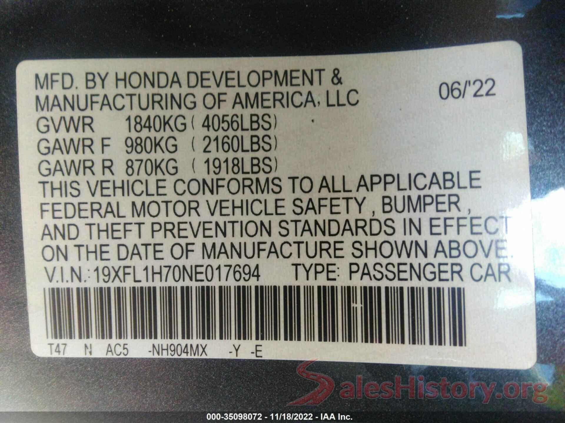 19XFL1H70NE017694 2022 HONDA CIVIC HATCHBACK