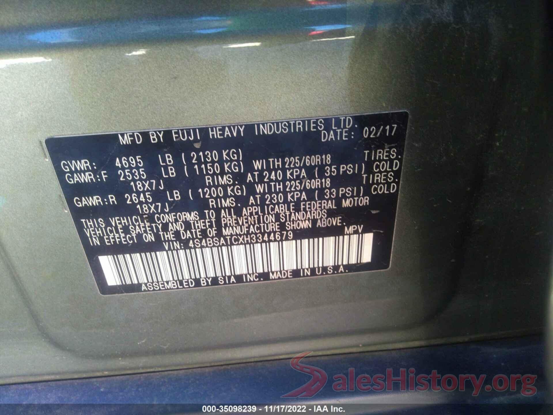 4S4BSATCXH3344679 2017 SUBARU OUTBACK