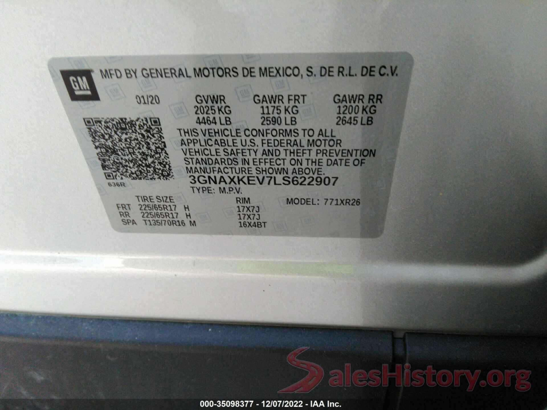 3GNAXKEV7LS622907 2020 CHEVROLET EQUINOX