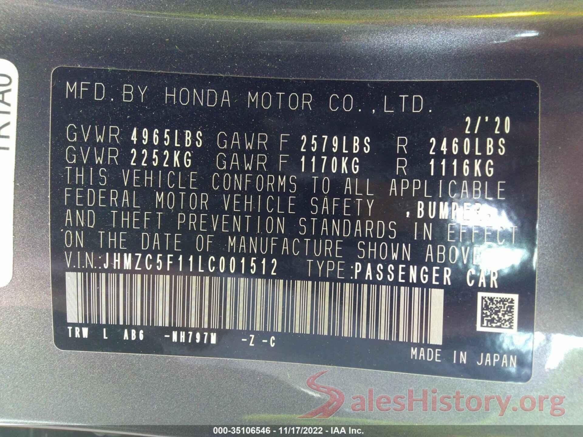 JHMZC5F11LC001512 2020 HONDA CLARITY PLUG-IN HYBRID