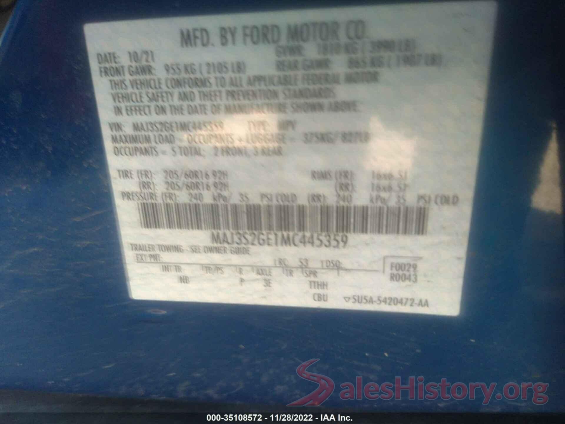 MAJ3S2GE1MC445359 2021 FORD ECOSPORT