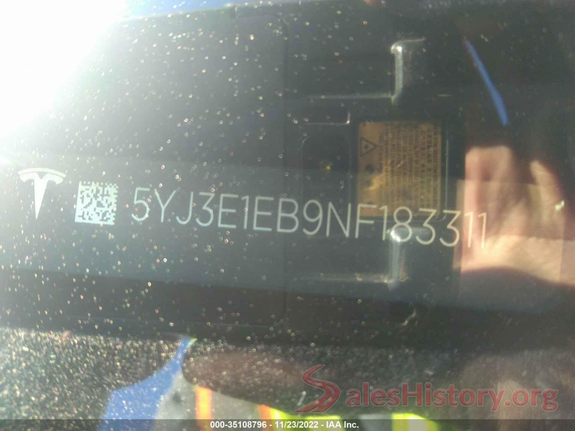 5YJ3E1EB9NF183311 2022 TESLA MODEL 3