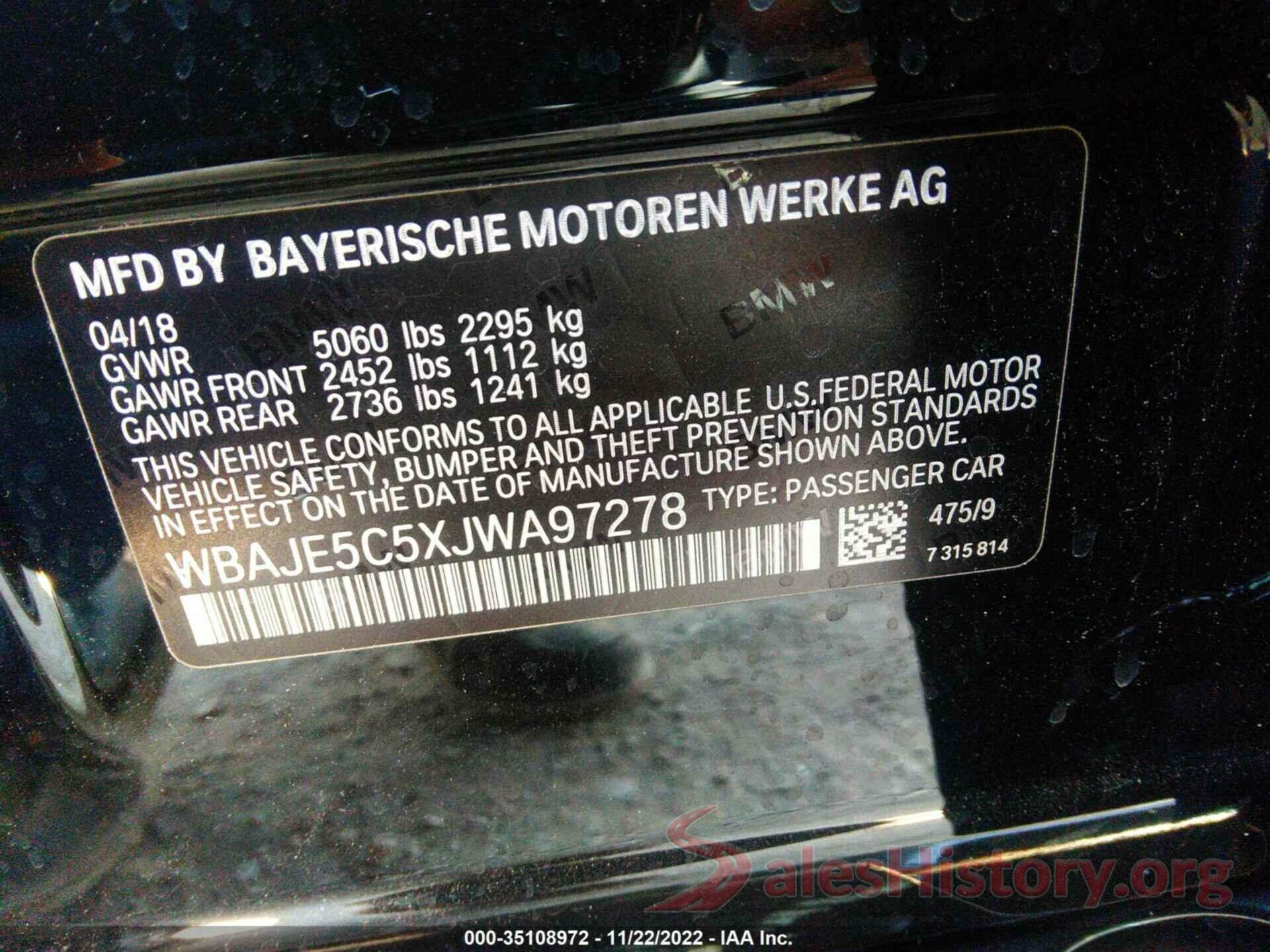 WBAJE5C5XJWA97278 2018 BMW 5 SERIES