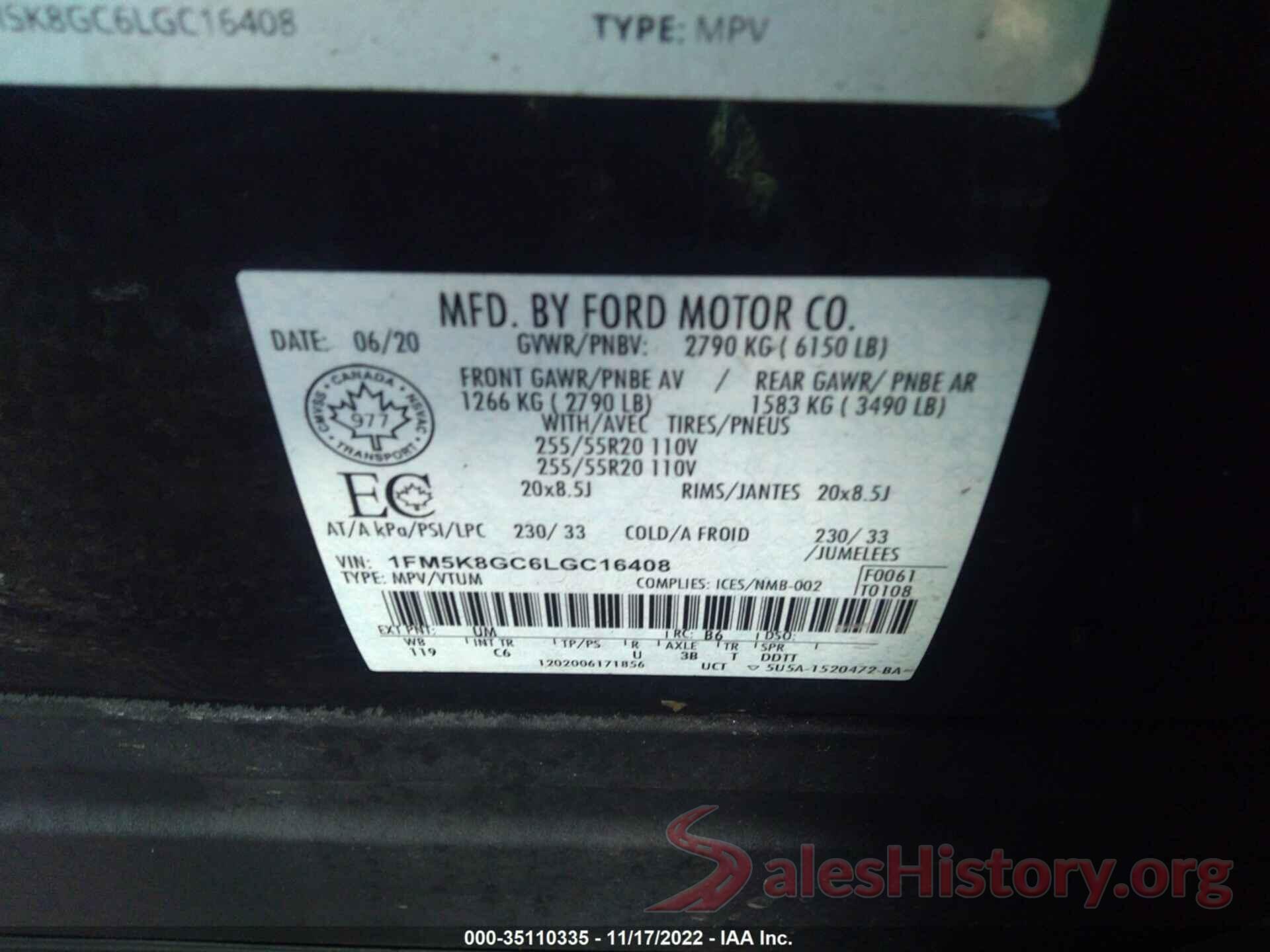 1FM5K8GC6LGC16408 2020 FORD EXPLORER