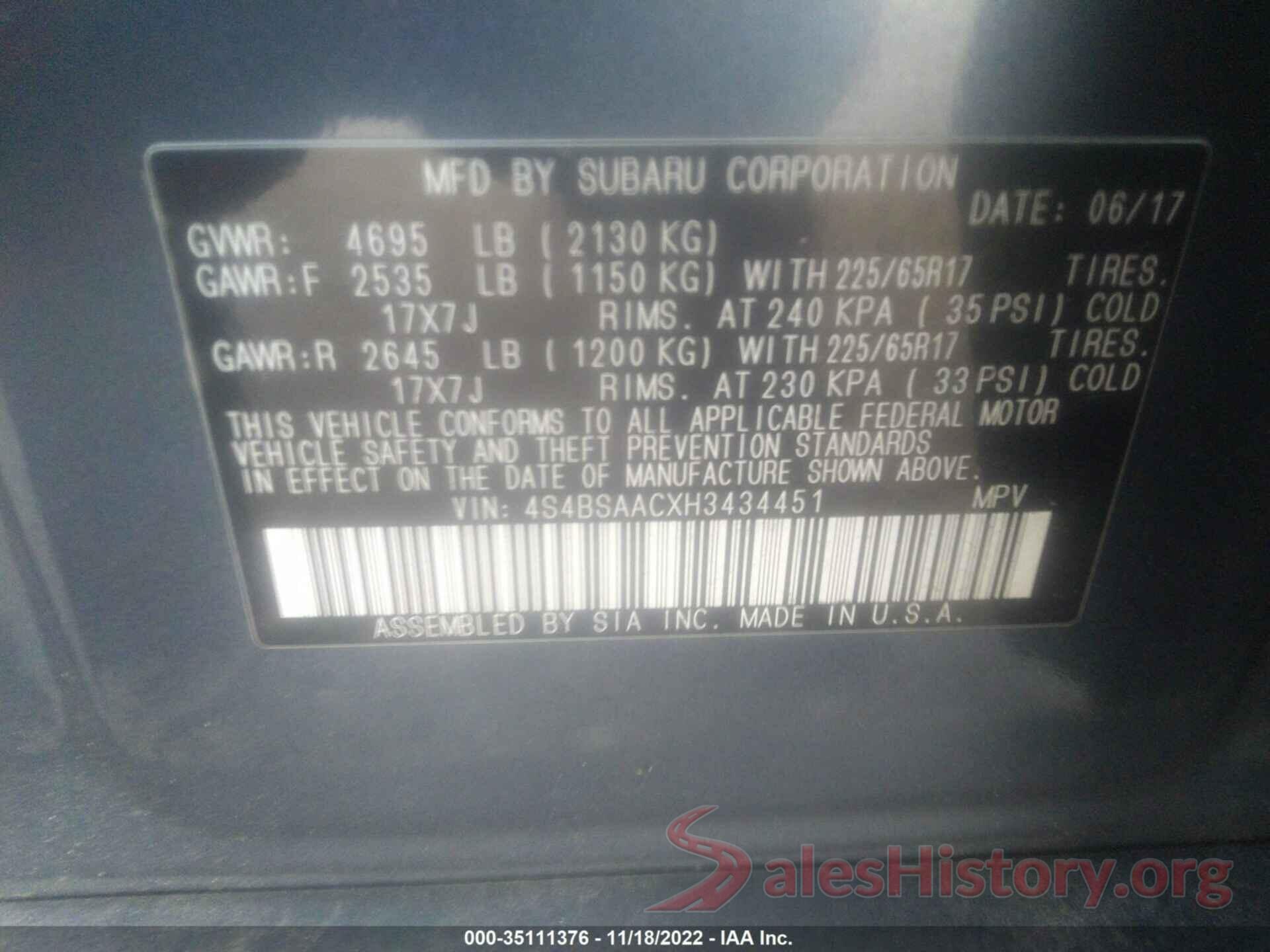 4S4BSAACXH3434451 2017 SUBARU OUTBACK