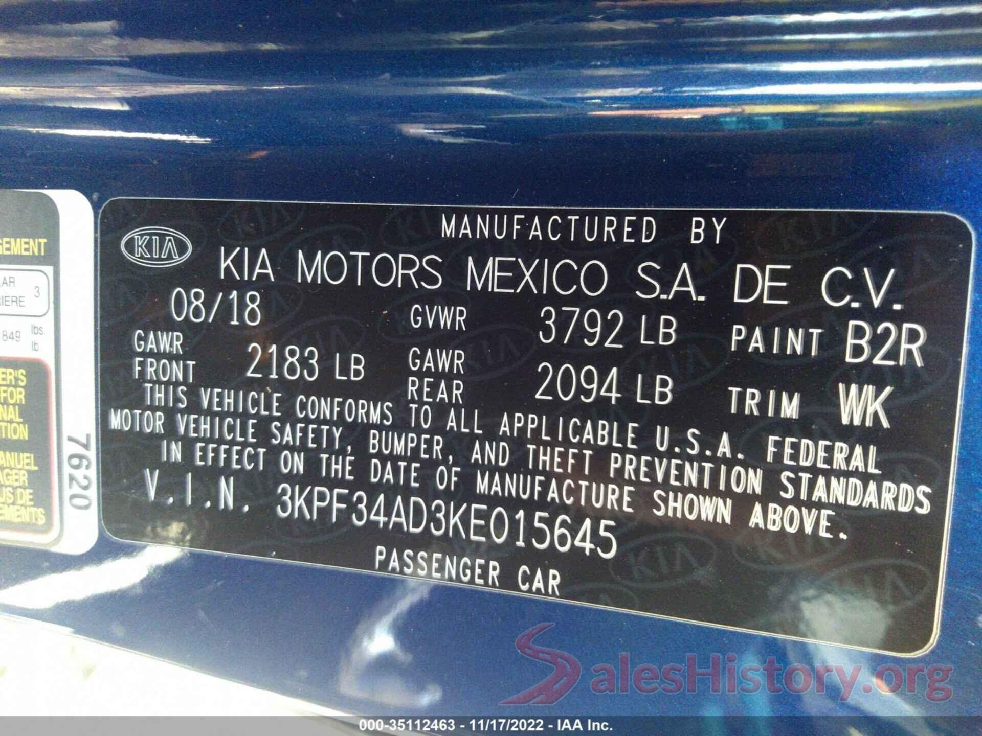 3KPF34AD3KE015645 2019 KIA FORTE