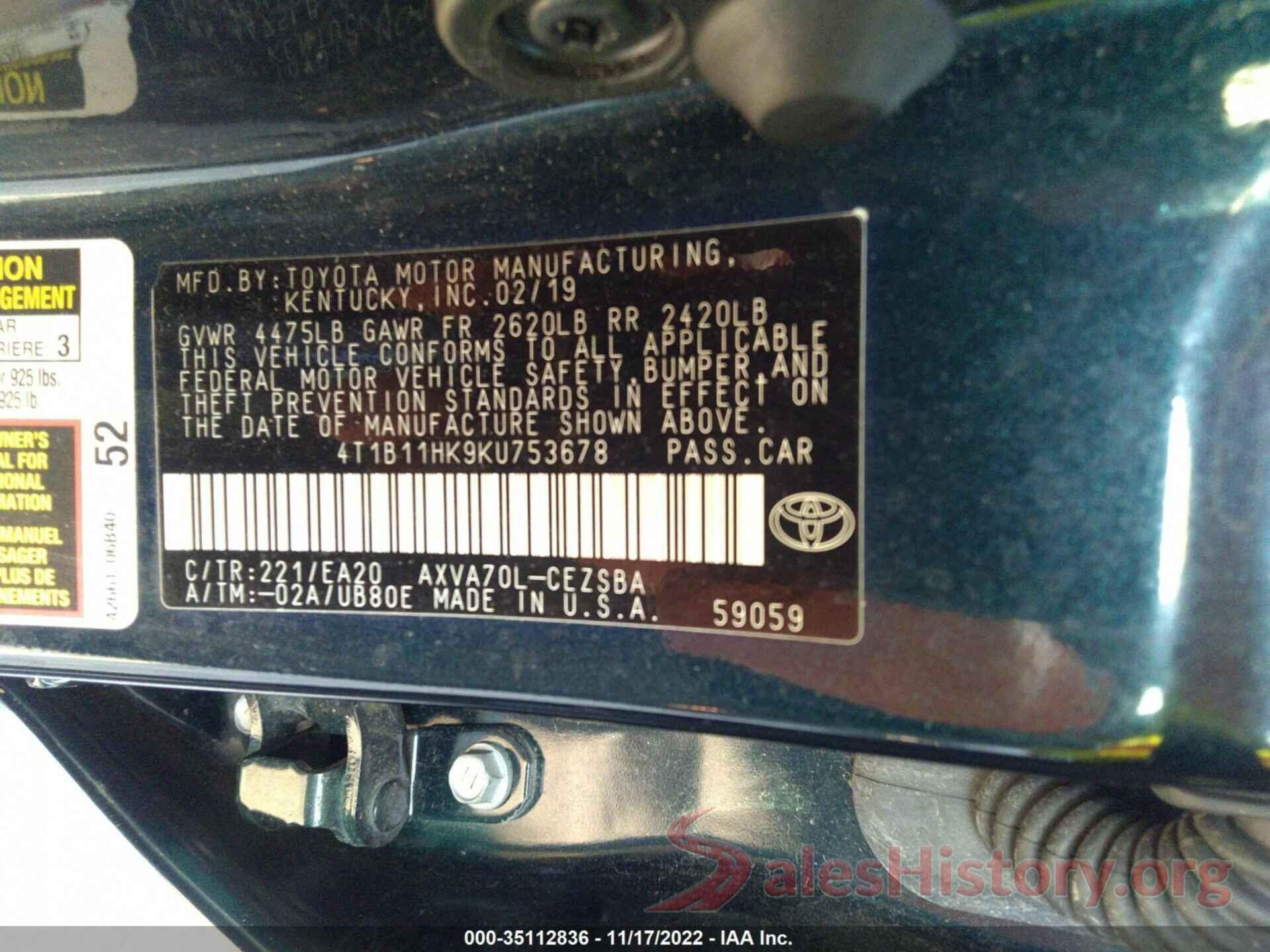 4T1B11HK9KU753678 2019 TOYOTA CAMRY