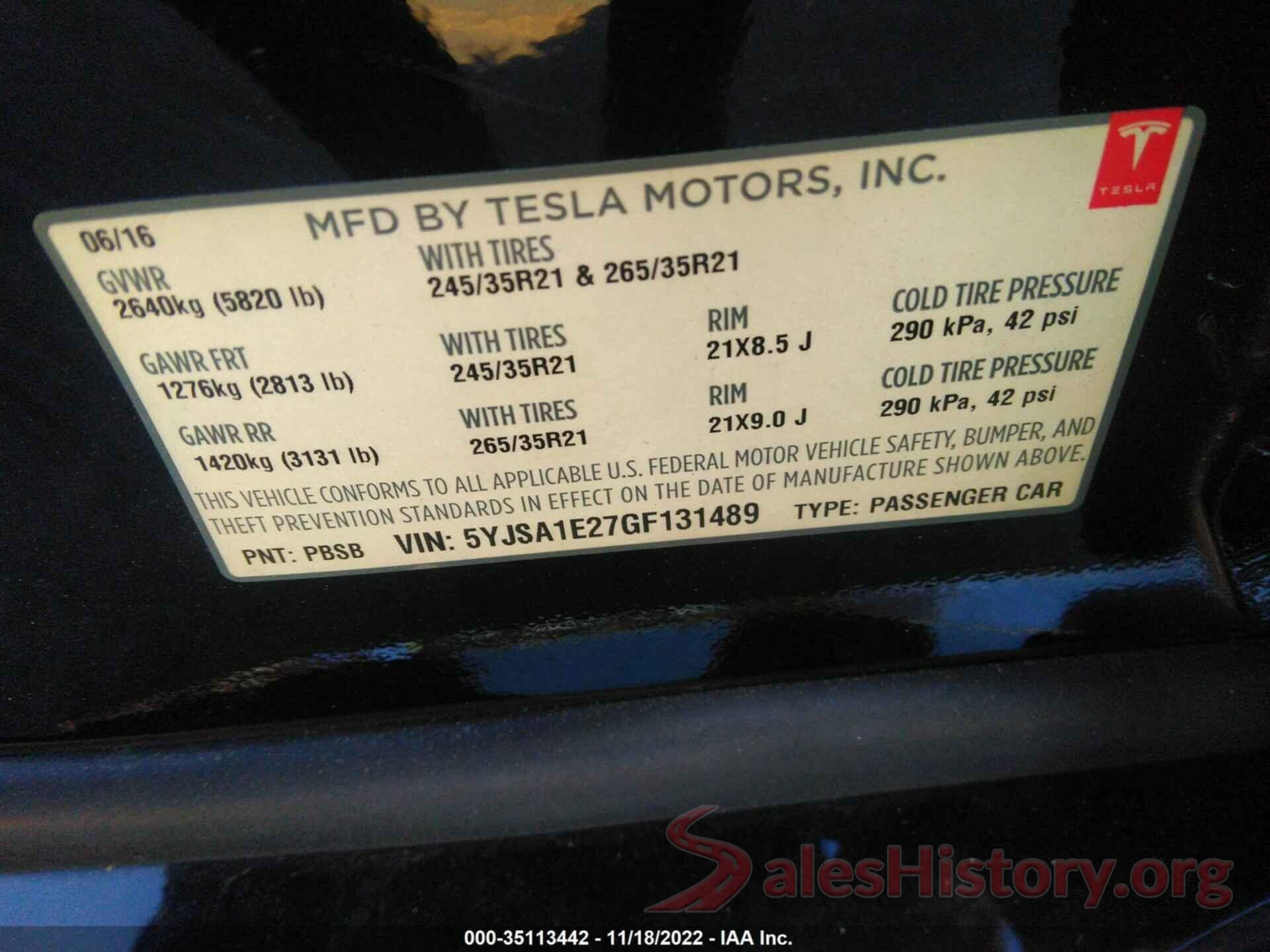 5YJSA1E27GF131489 2016 TESLA MODEL S