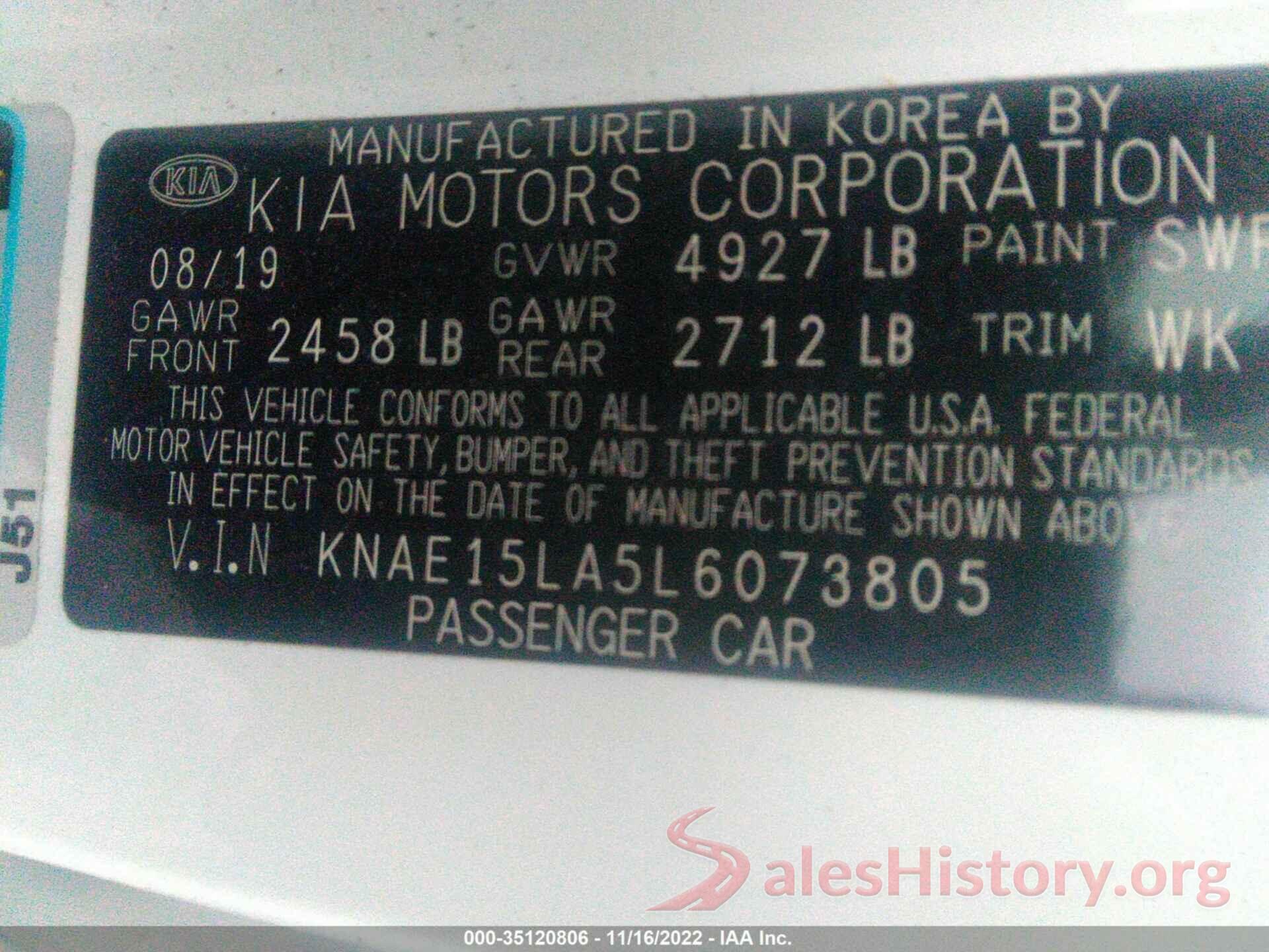 KNAE15LA5L6073805 2020 KIA STINGER