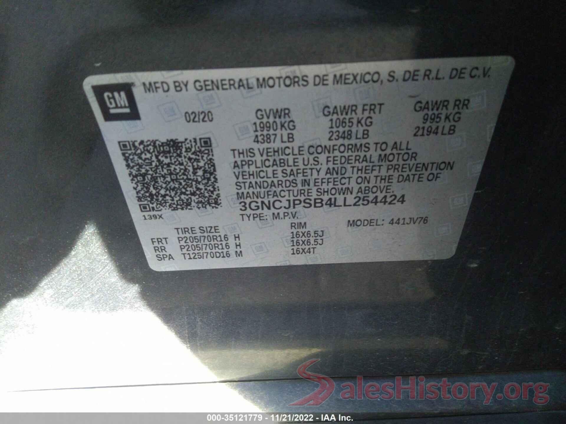 3GNCJPSB4LL254424 2020 CHEVROLET TRAX