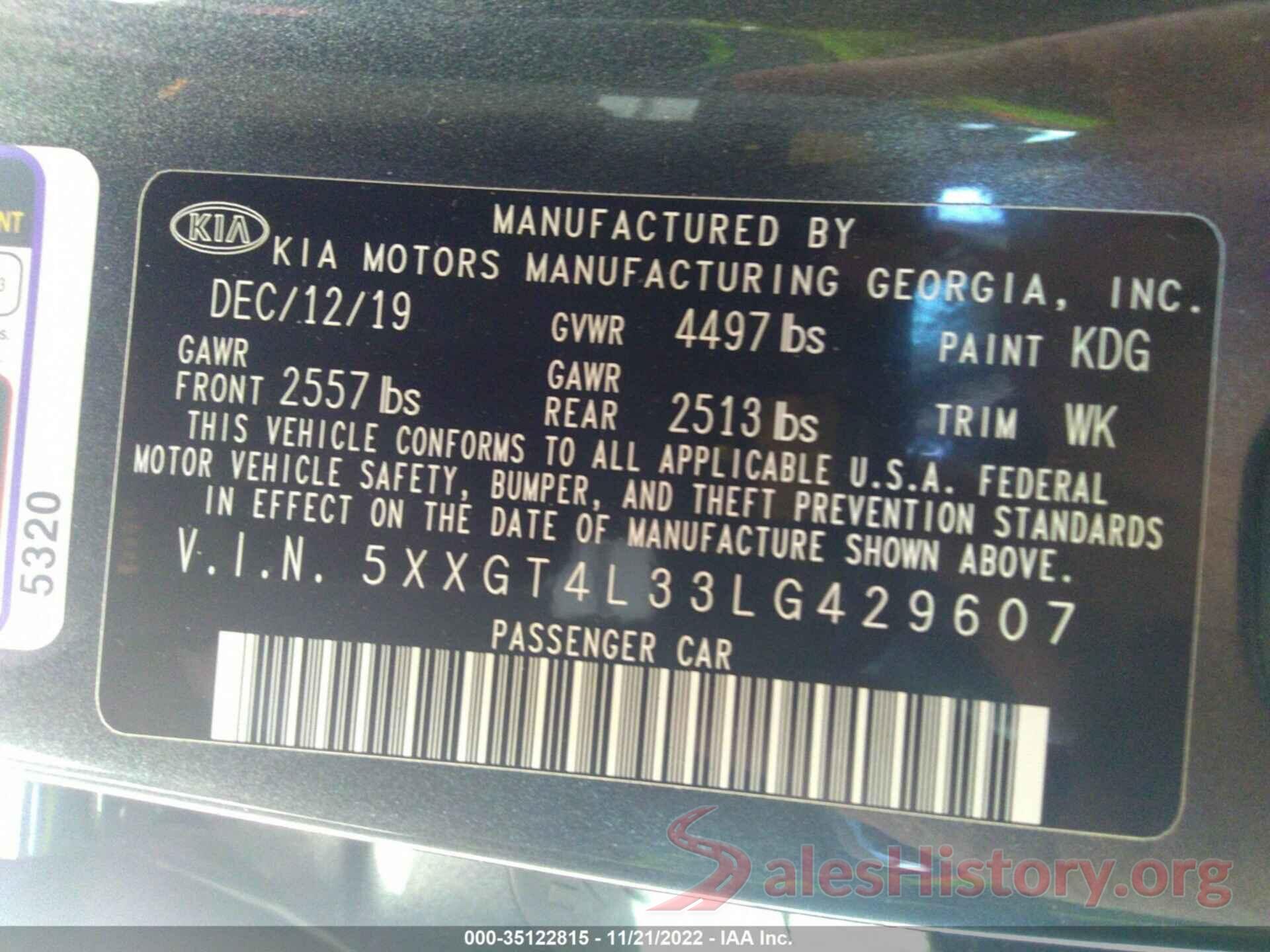 5XXGT4L33LG429607 2020 KIA OPTIMA