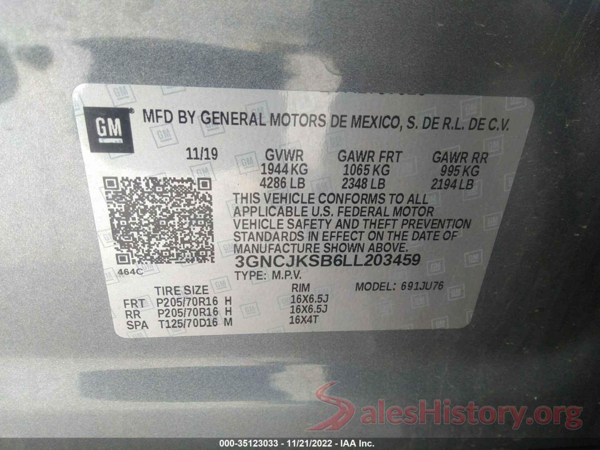 3GNCJKSB6LL203459 2020 CHEVROLET TRAX