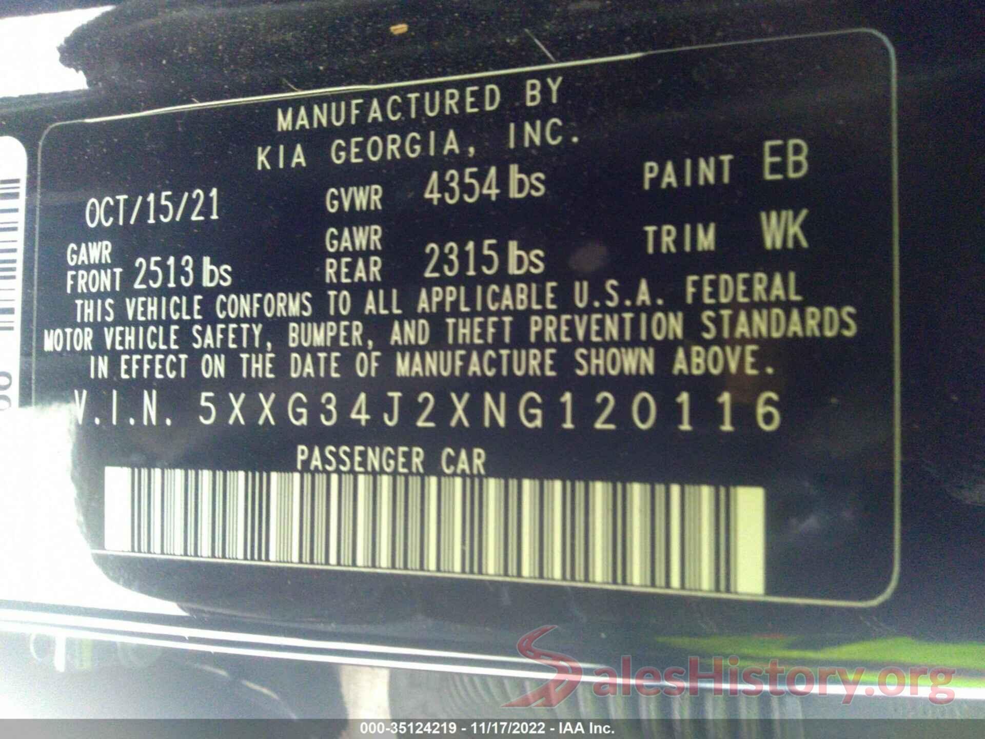 5XXG34J2XNG120116 2022 KIA K5