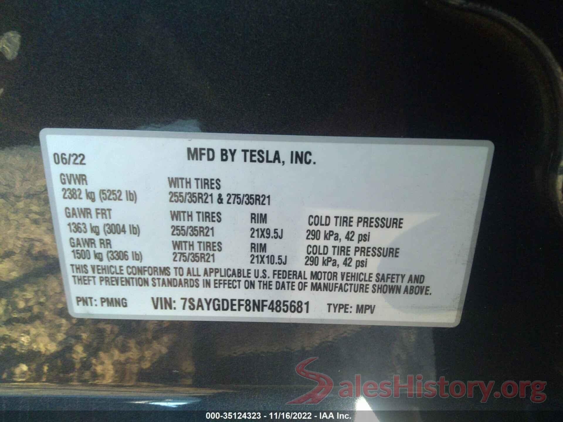 7SAYGDEF8NF485681 2022 TESLA MODEL Y