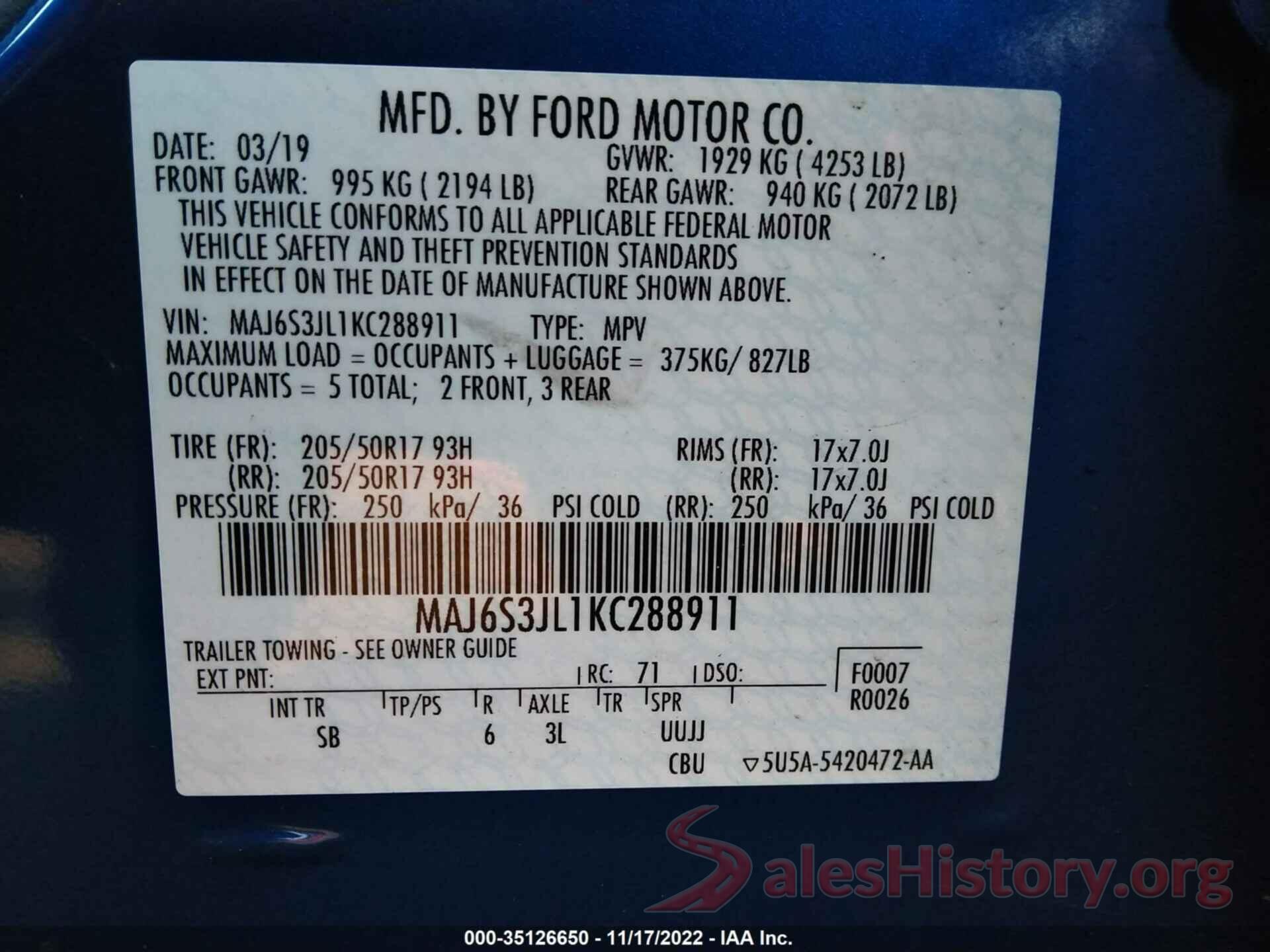 MAJ6S3JL1KC288911 2019 FORD ECOSPORT