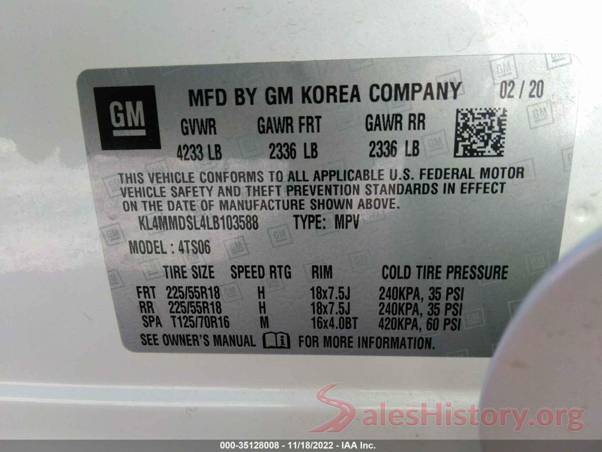 KL4MMDSL4LB103588 2020 BUICK ENCORE GX