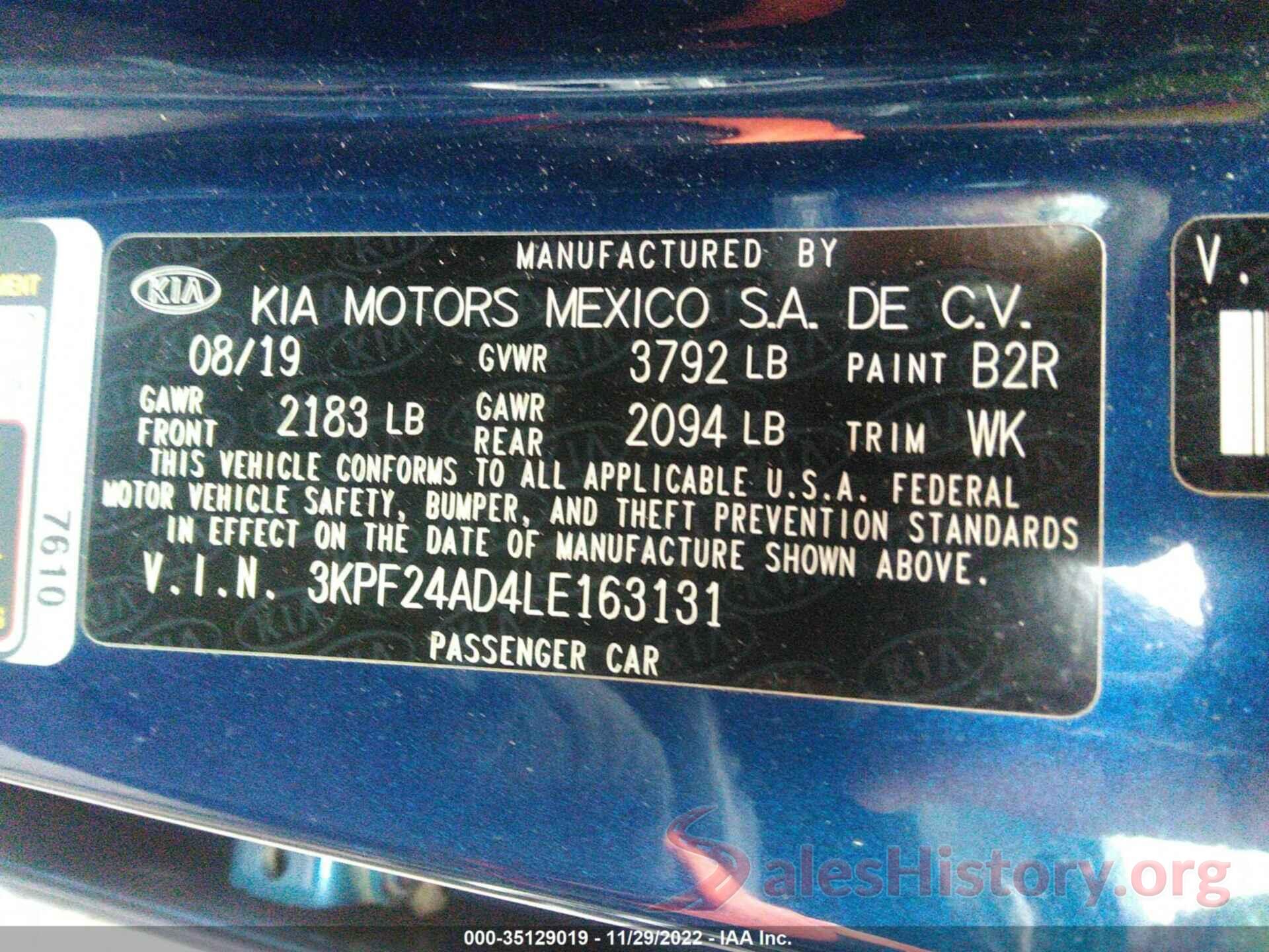 3KPF24AD4LE163131 2020 KIA FORTE