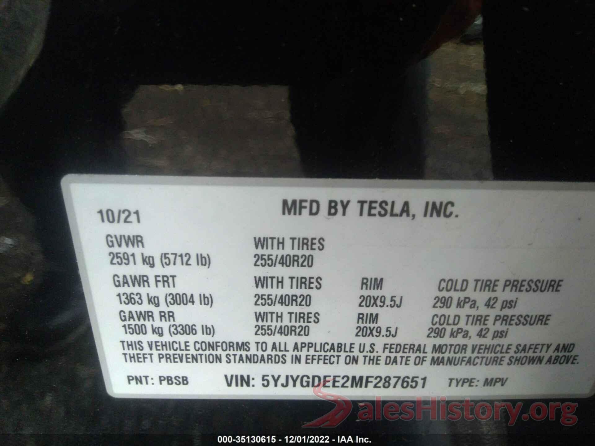 5YJYGDEE2MF287651 2021 TESLA MODEL Y