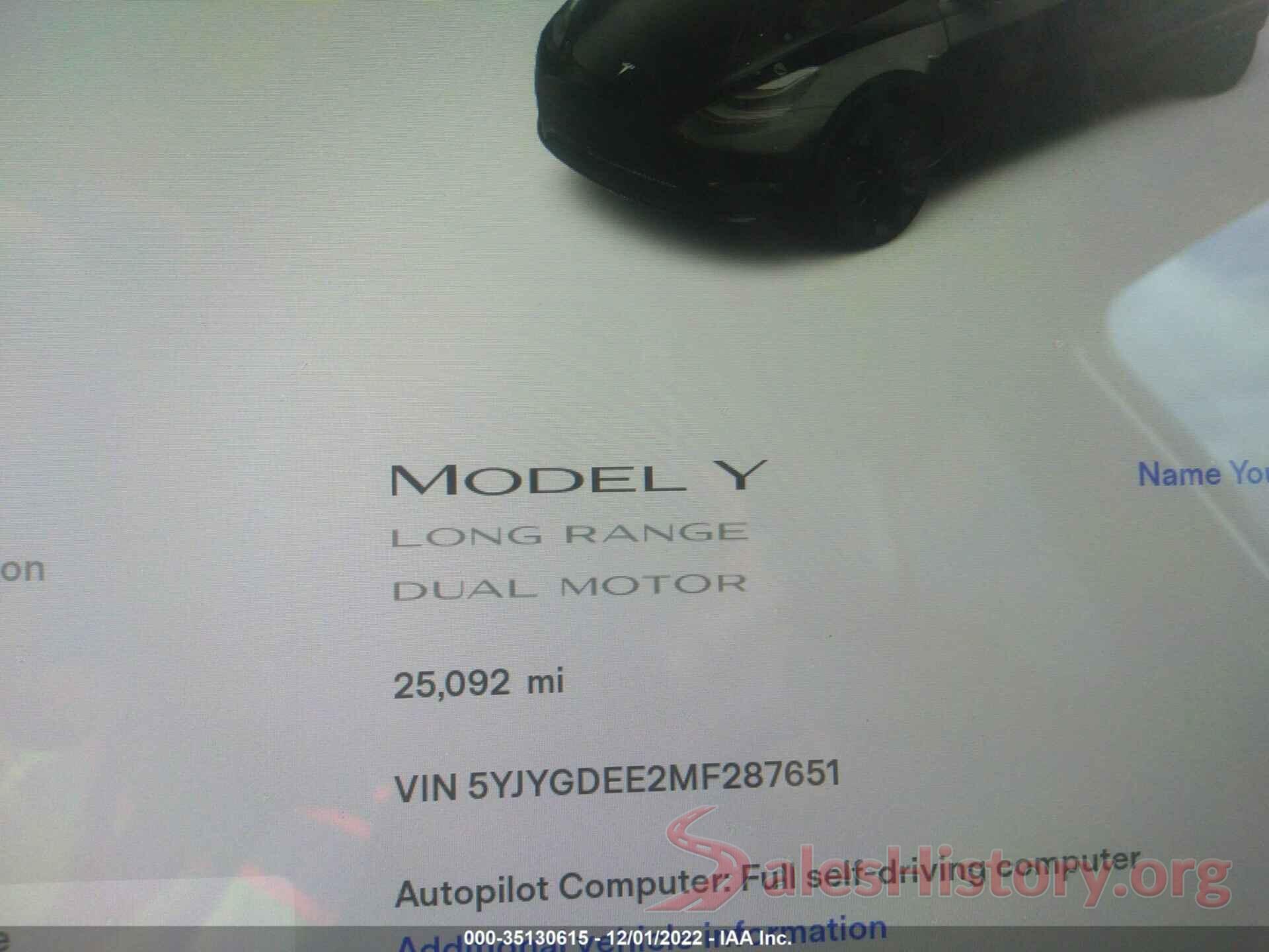 5YJYGDEE2MF287651 2021 TESLA MODEL Y