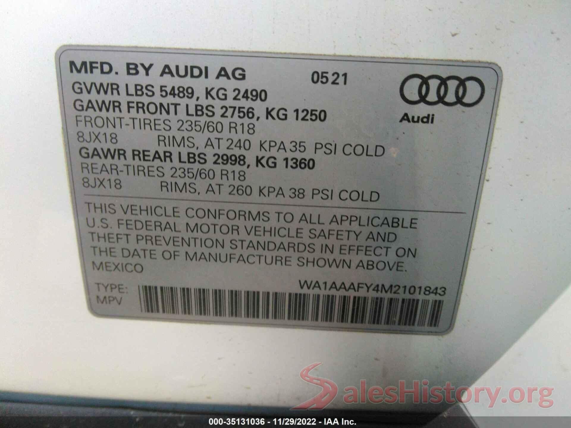 WA1AAAFY4M2101843 2021 AUDI Q5