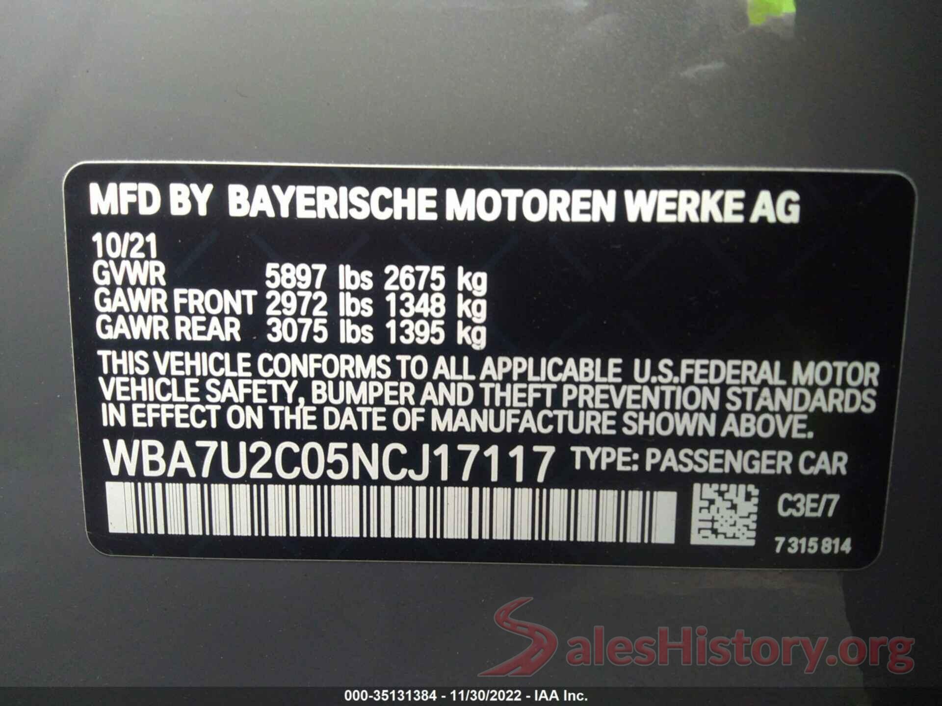 WBA7U2C05NCJ17117 2022 BMW 7 SERIES