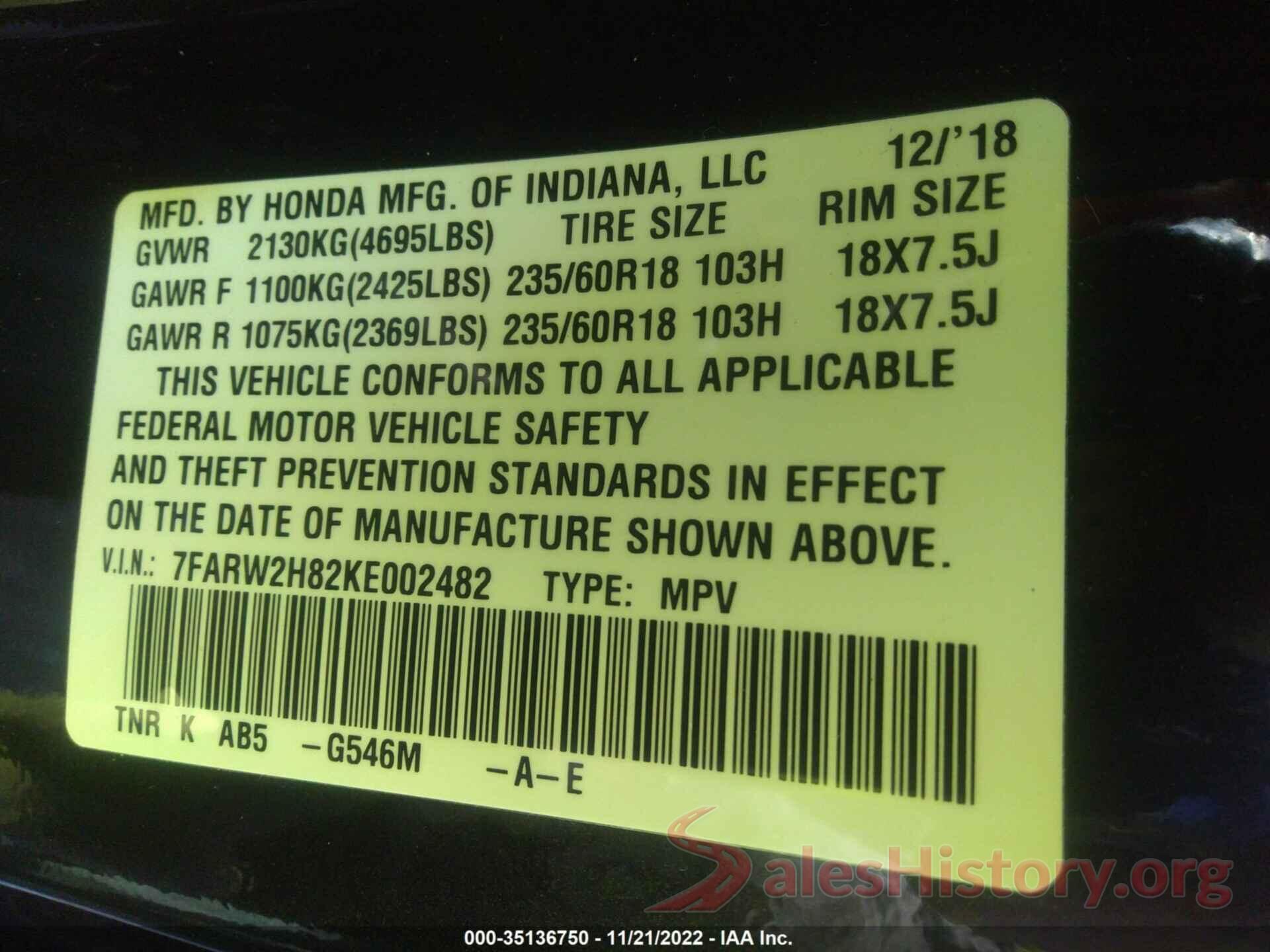 7FARW2H82KE002482 2019 HONDA CR-V