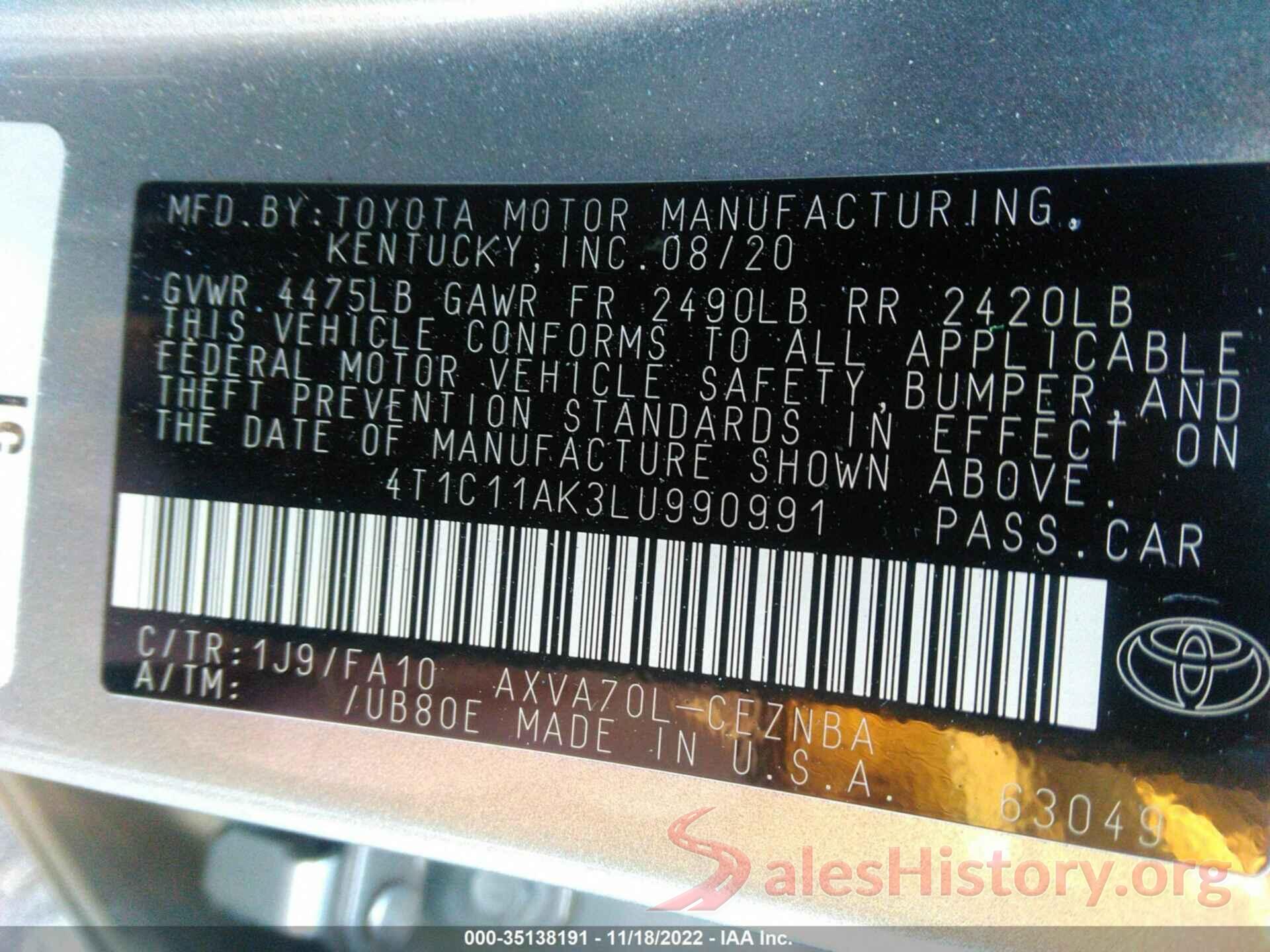 4T1C11AK3LU990991 2020 TOYOTA CAMRY