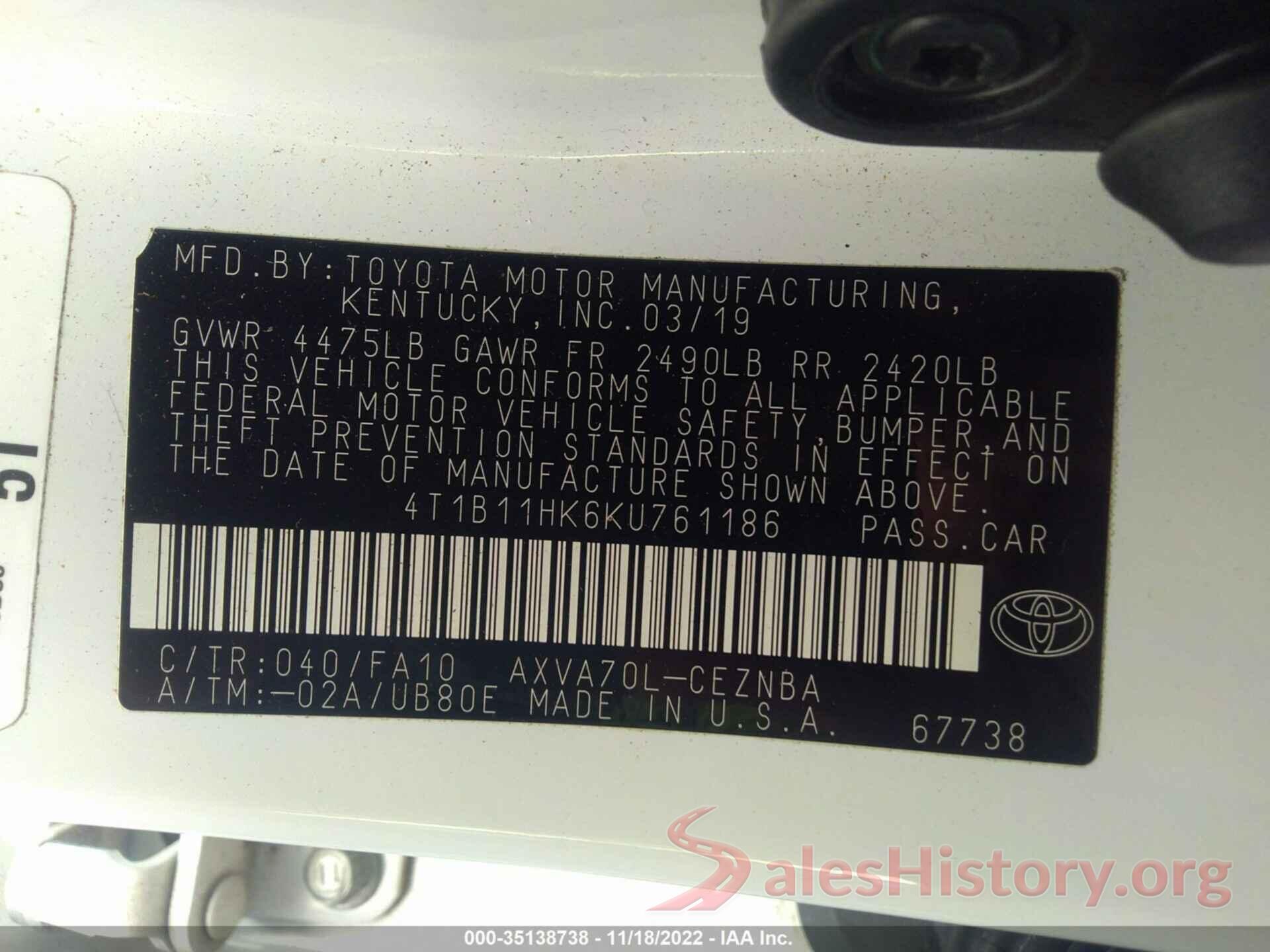 4T1B11HK6KU761186 2019 TOYOTA CAMRY