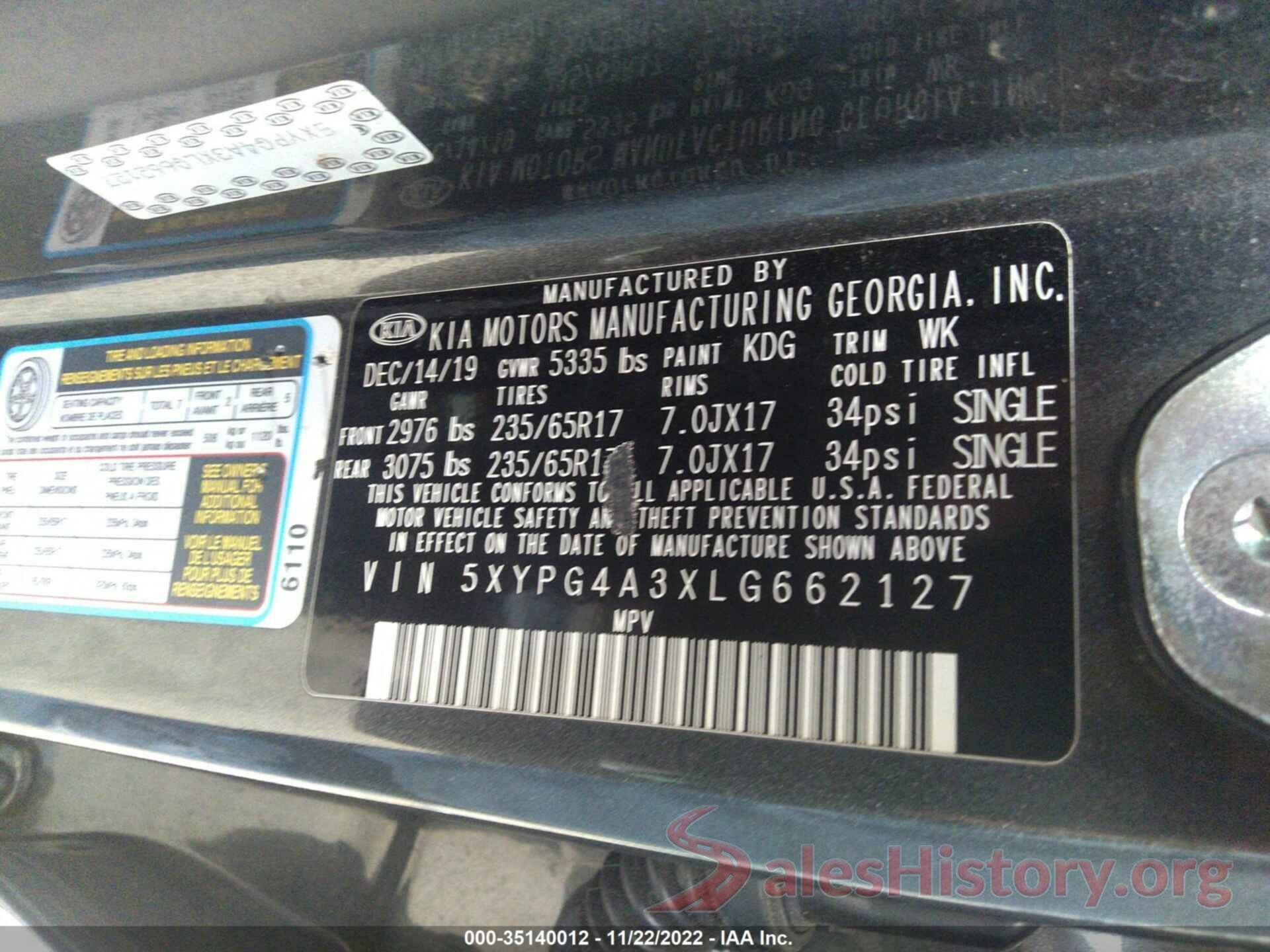 5XYPG4A3XLG662127 2020 KIA SORENTO