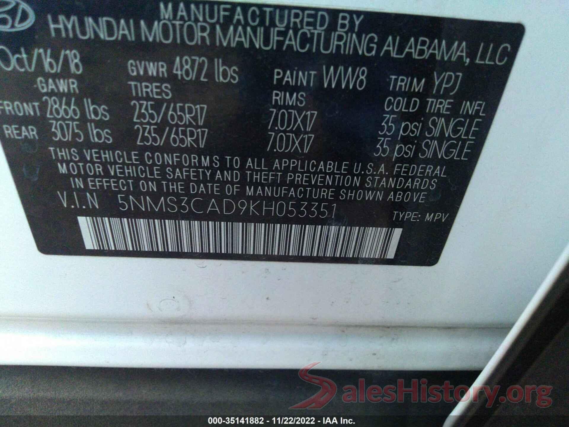 5NMS3CAD9KH053351 2019 HYUNDAI SANTA FE